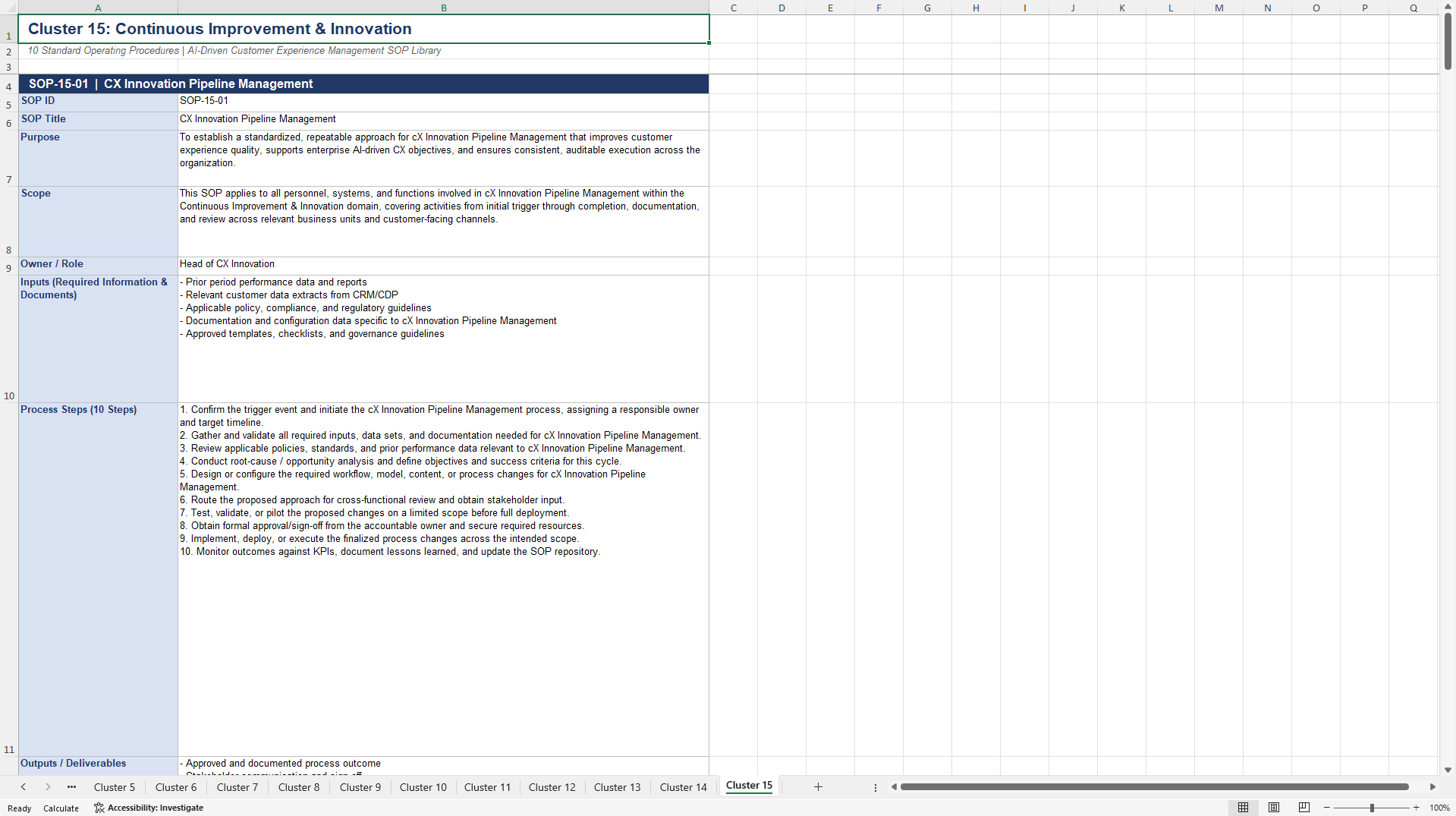 100+ AI-Driven Customer Experience Management SOPs (Excel template (XLSX)) Preview Image