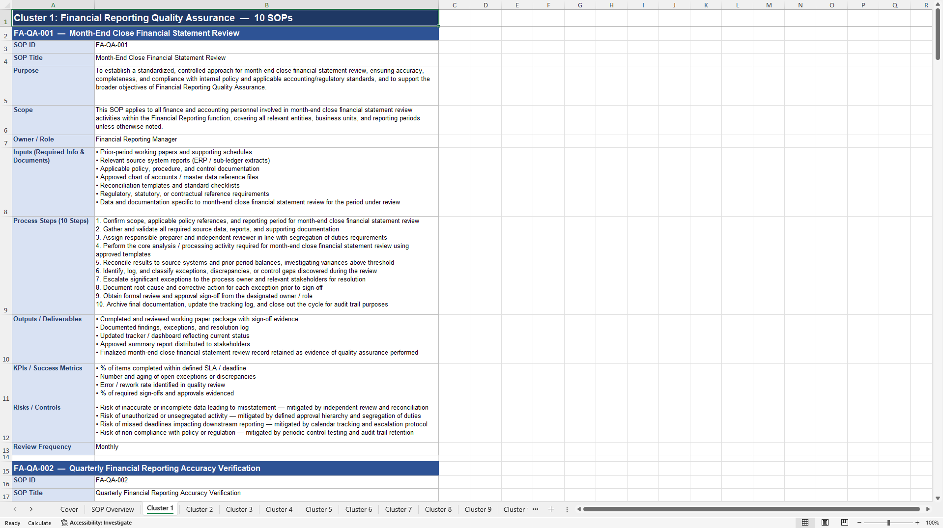 100+ Finance & Accounting Quality Assurance SOPs (Excel template (XLSX)) Preview Image