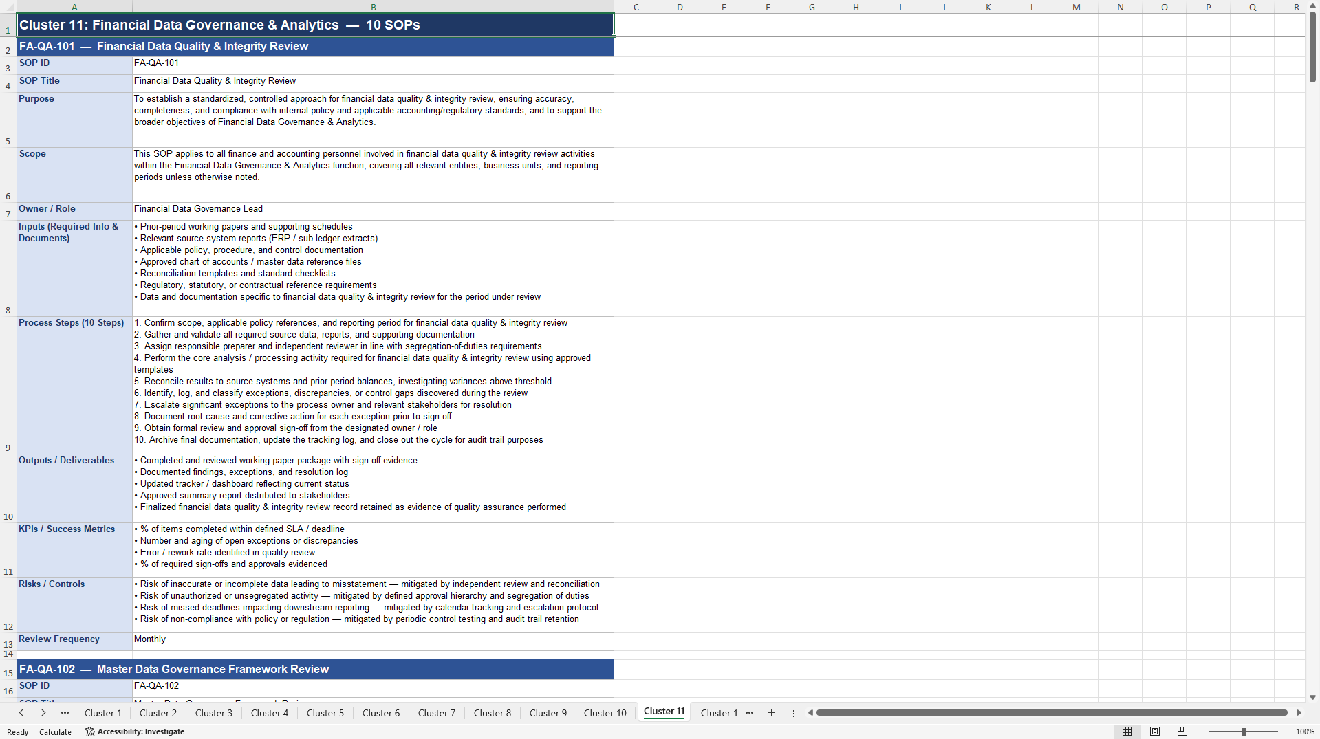 100+ Finance & Accounting Quality Assurance SOPs (Excel template (XLSX)) Preview Image