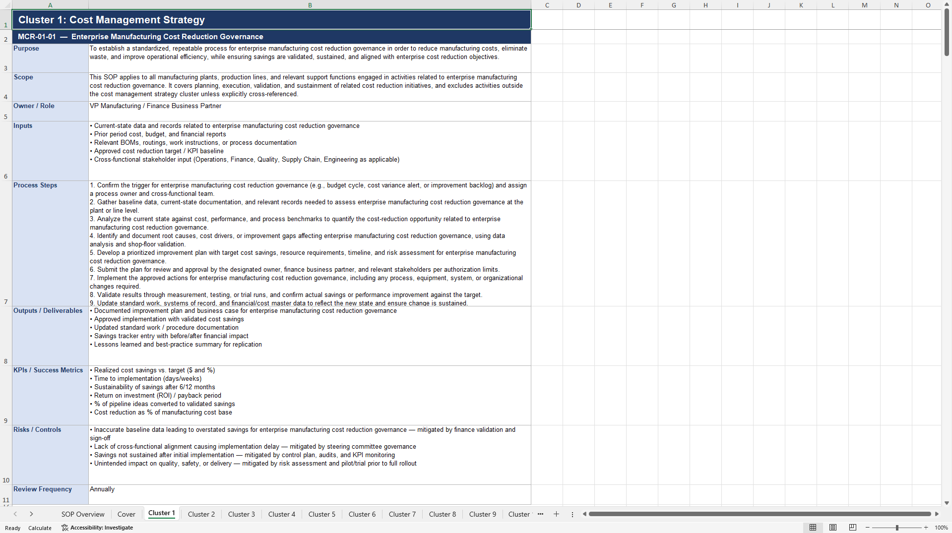 100+ Manufacturing Cost Reduction SOPs (Excel template (XLSX)) Preview Image
