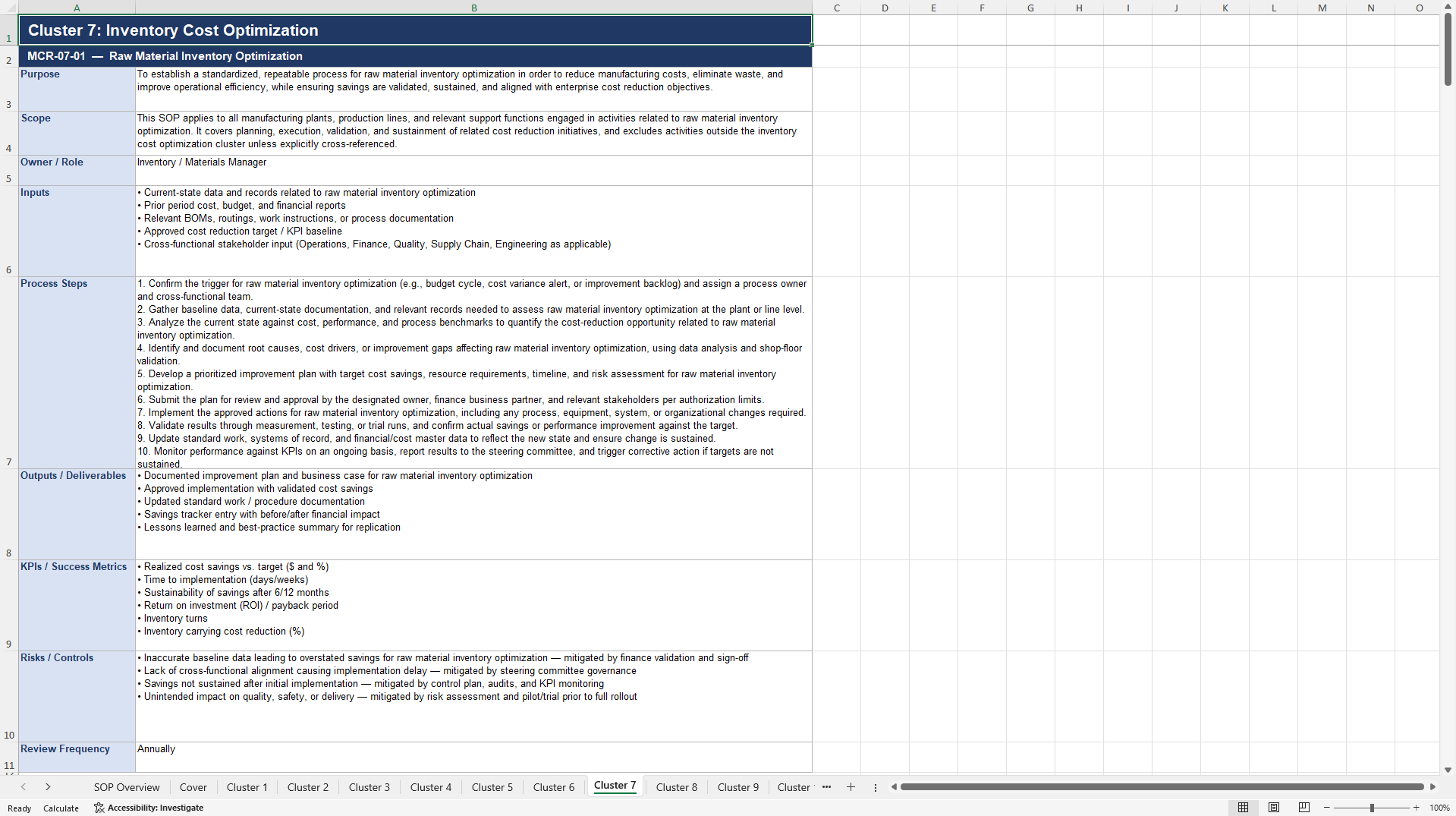 100+ Manufacturing Cost Reduction SOPs (Excel template (XLSX)) Preview Image
