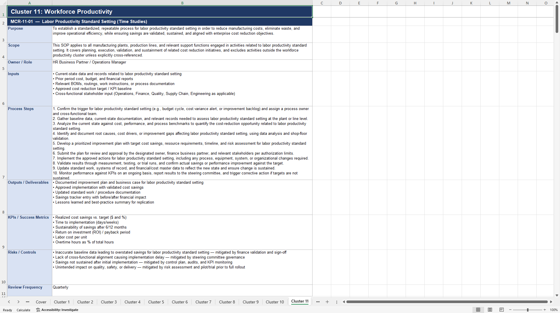 100+ Manufacturing Cost Reduction SOPs (Excel template (XLSX)) Preview Image