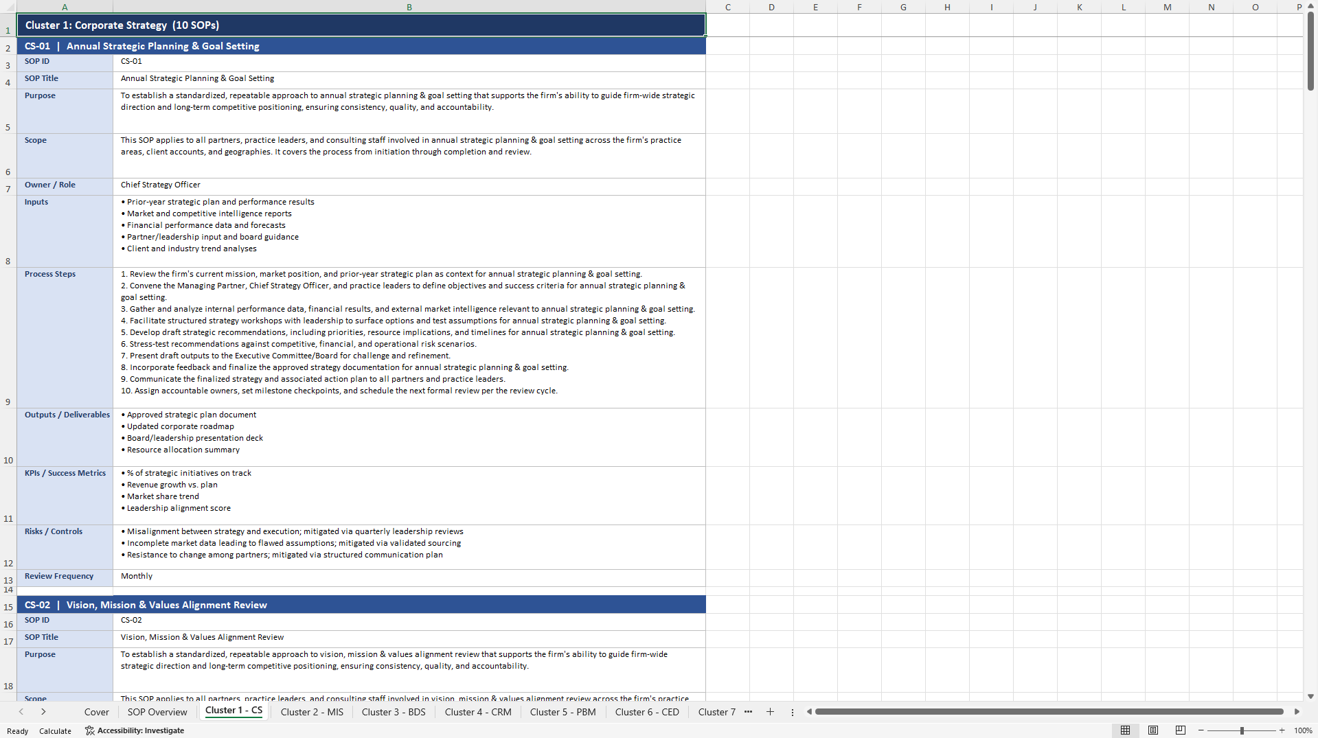 100+ Consulting Firm Strategy & Growth SOPs (Excel template (XLSX)) Preview Image