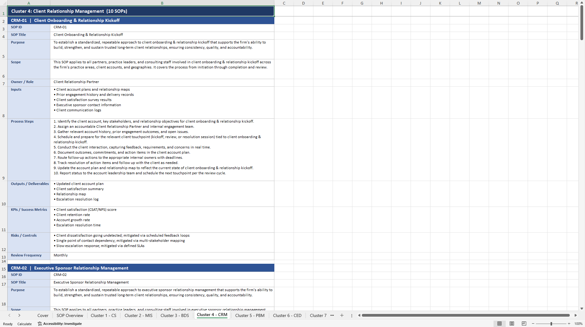 100+ Consulting Firm Strategy & Growth SOPs (Excel template (XLSX)) Preview Image