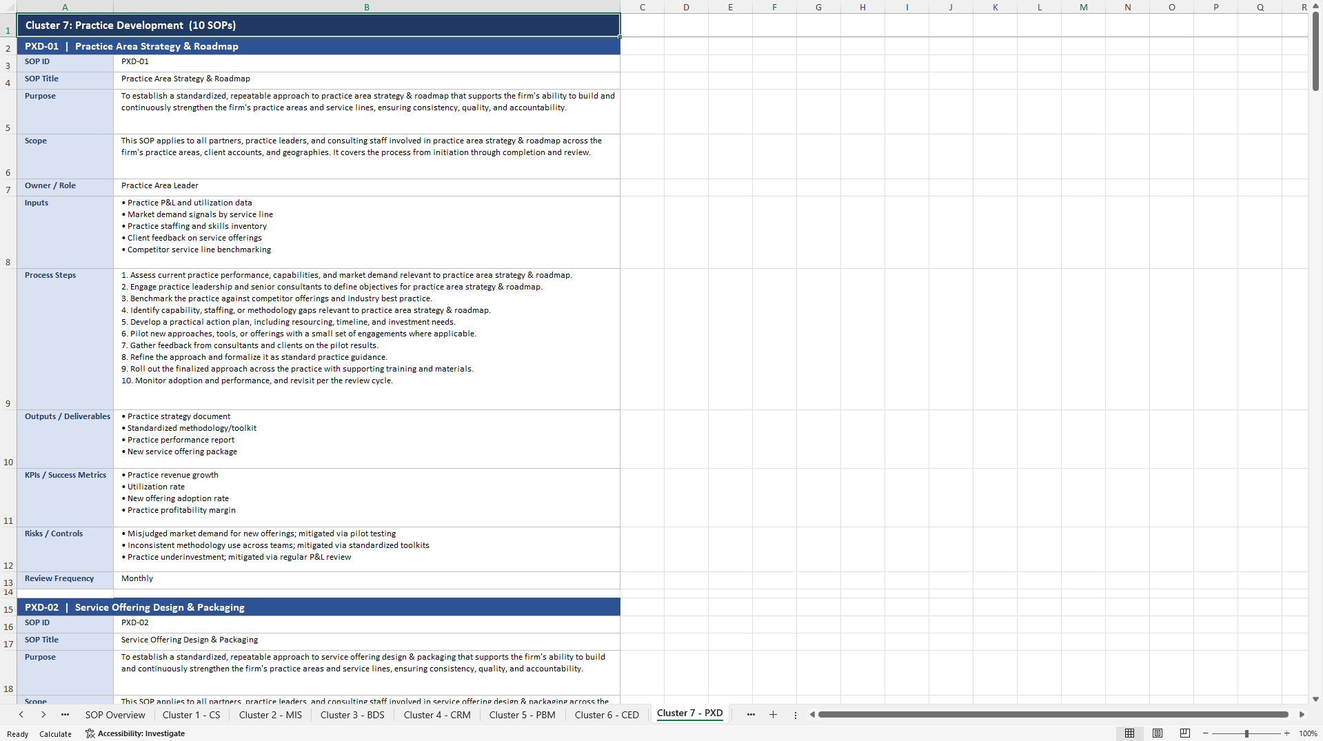 100+ Consulting Firm Strategy & Growth SOPs (Excel template (XLSX)) Preview Image