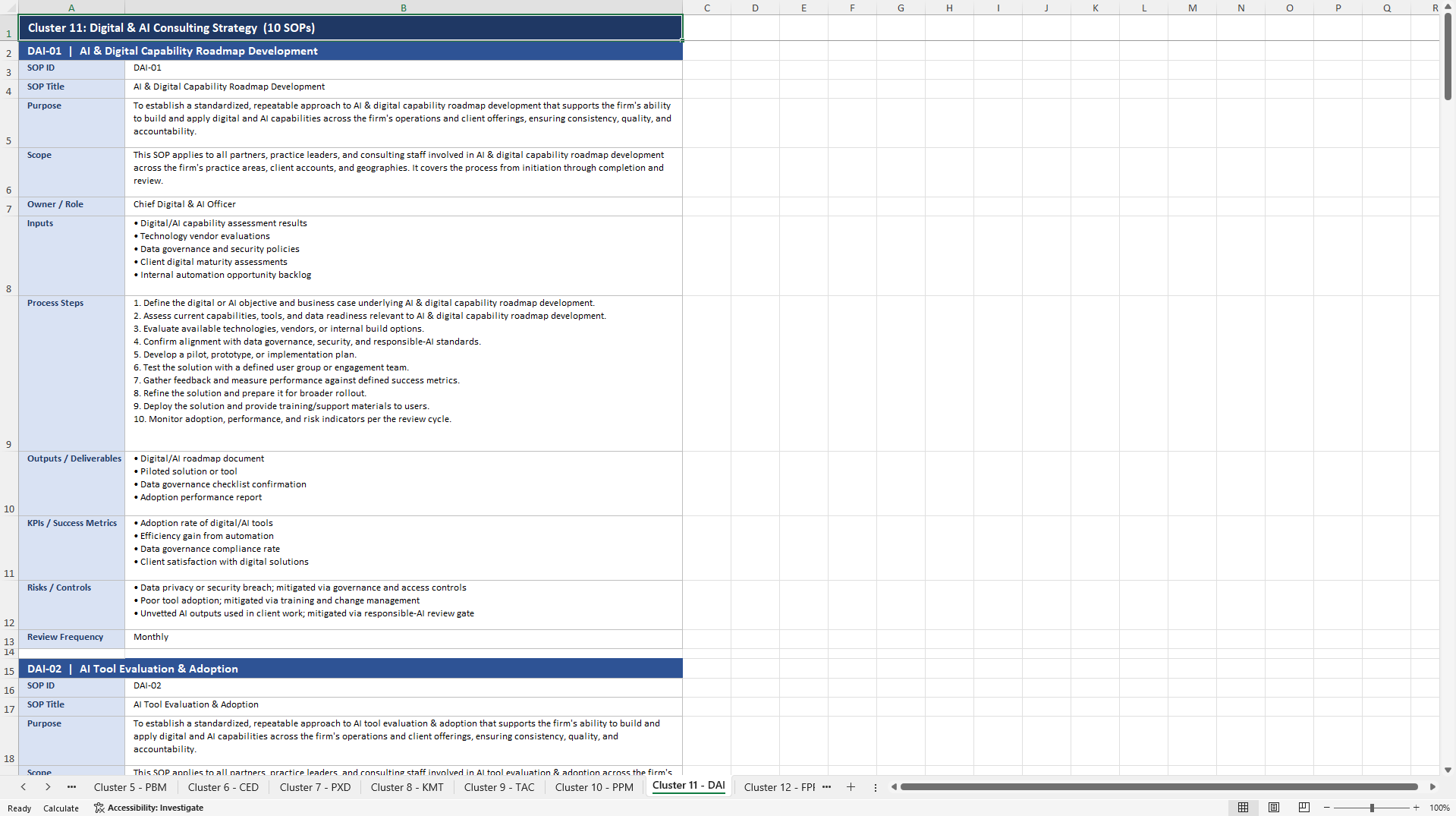 100+ Consulting Firm Strategy & Growth SOPs (Excel template (XLSX)) Preview Image