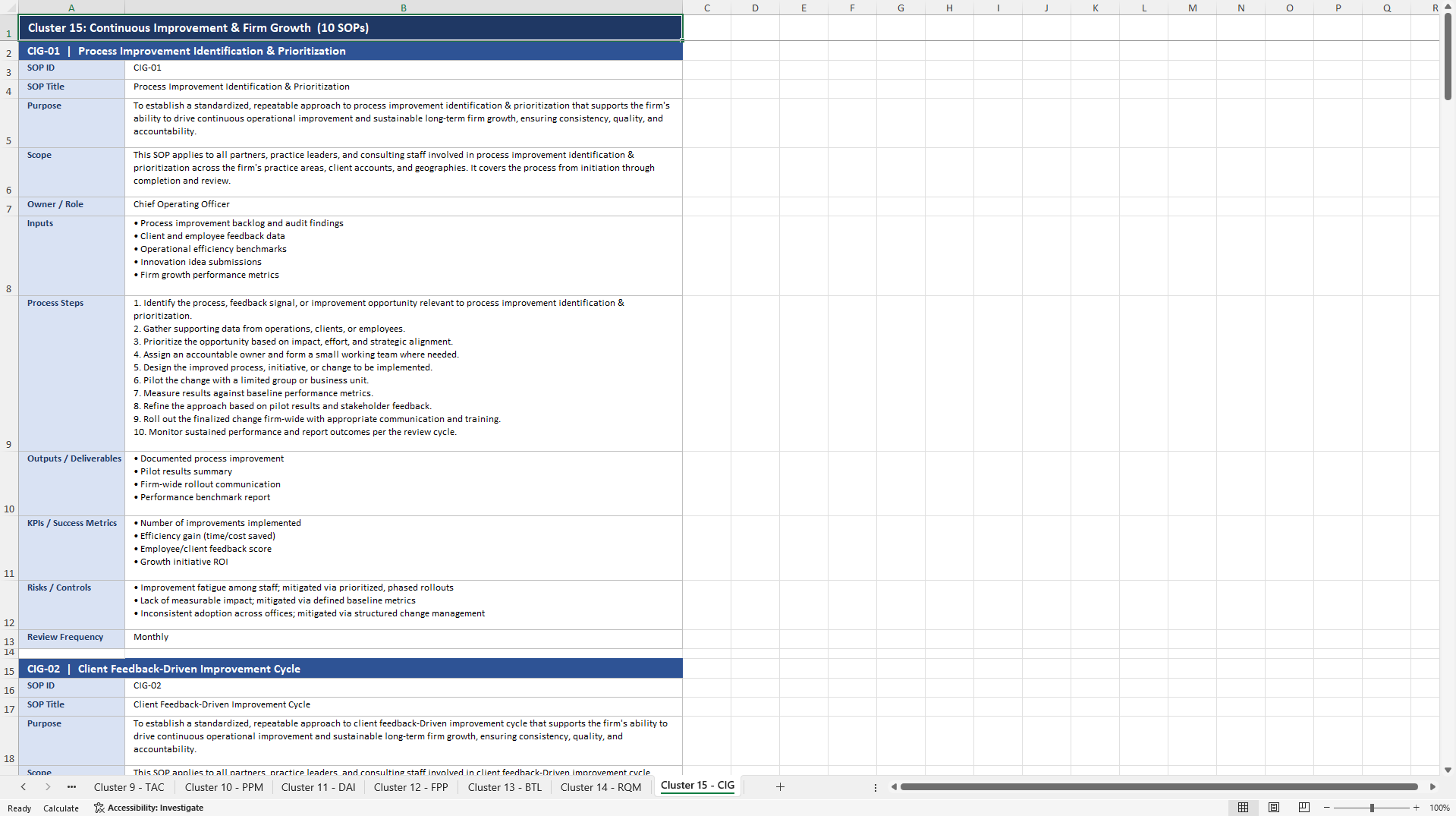 100+ Consulting Firm Strategy & Growth SOPs (Excel template (XLSX)) Preview Image