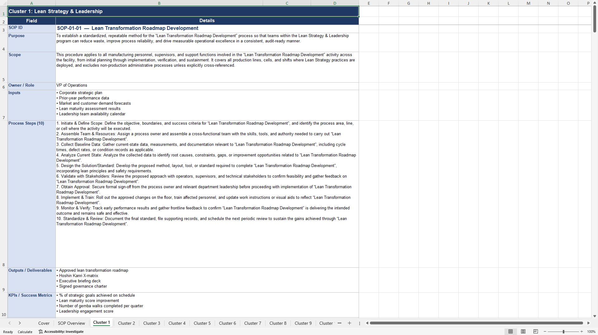 100+ Lean Manufacturing SOPs (Excel template (XLSX)) Preview Image