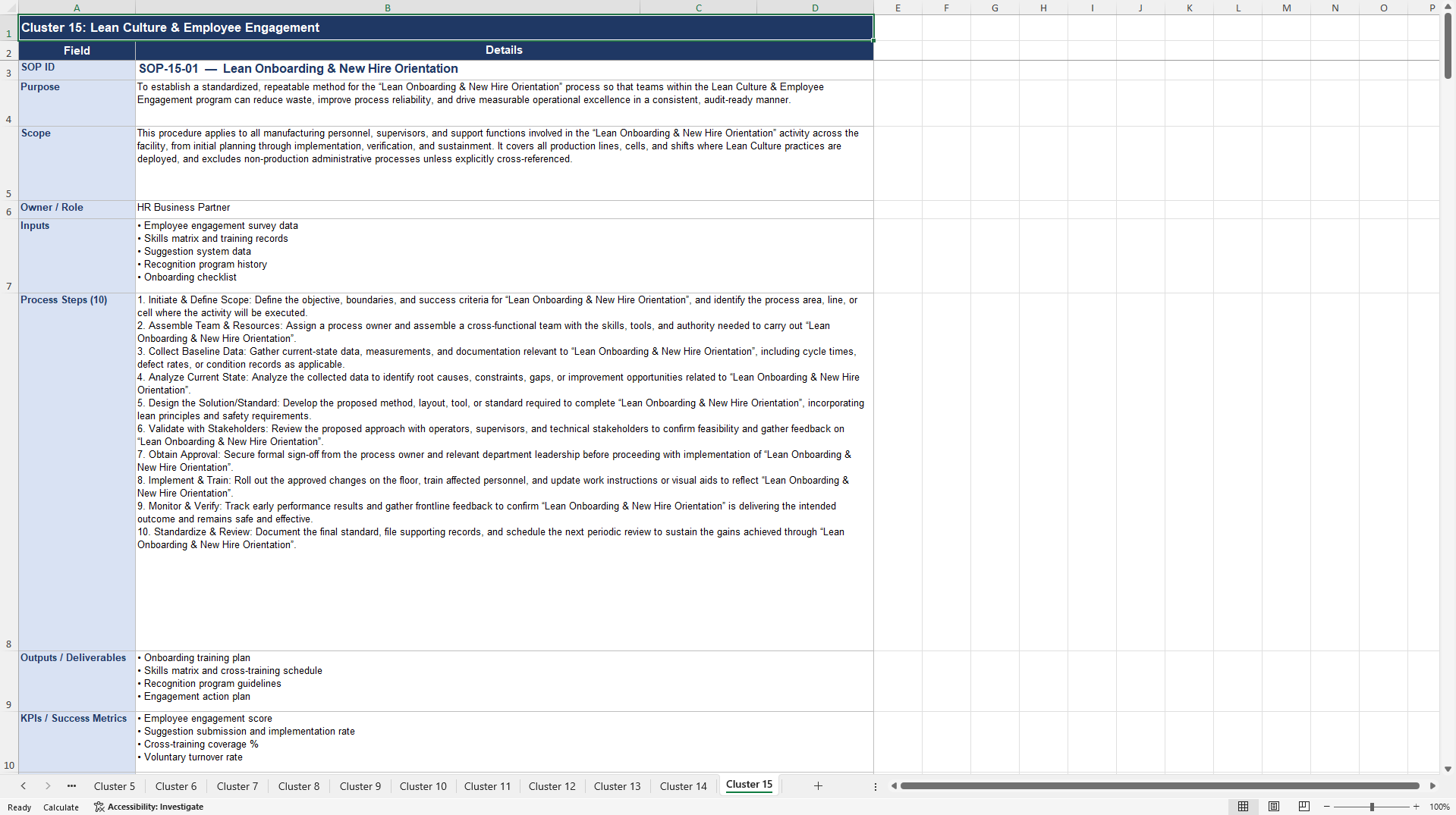 100+ Lean Manufacturing SOPs (Excel template (XLSX)) Preview Image