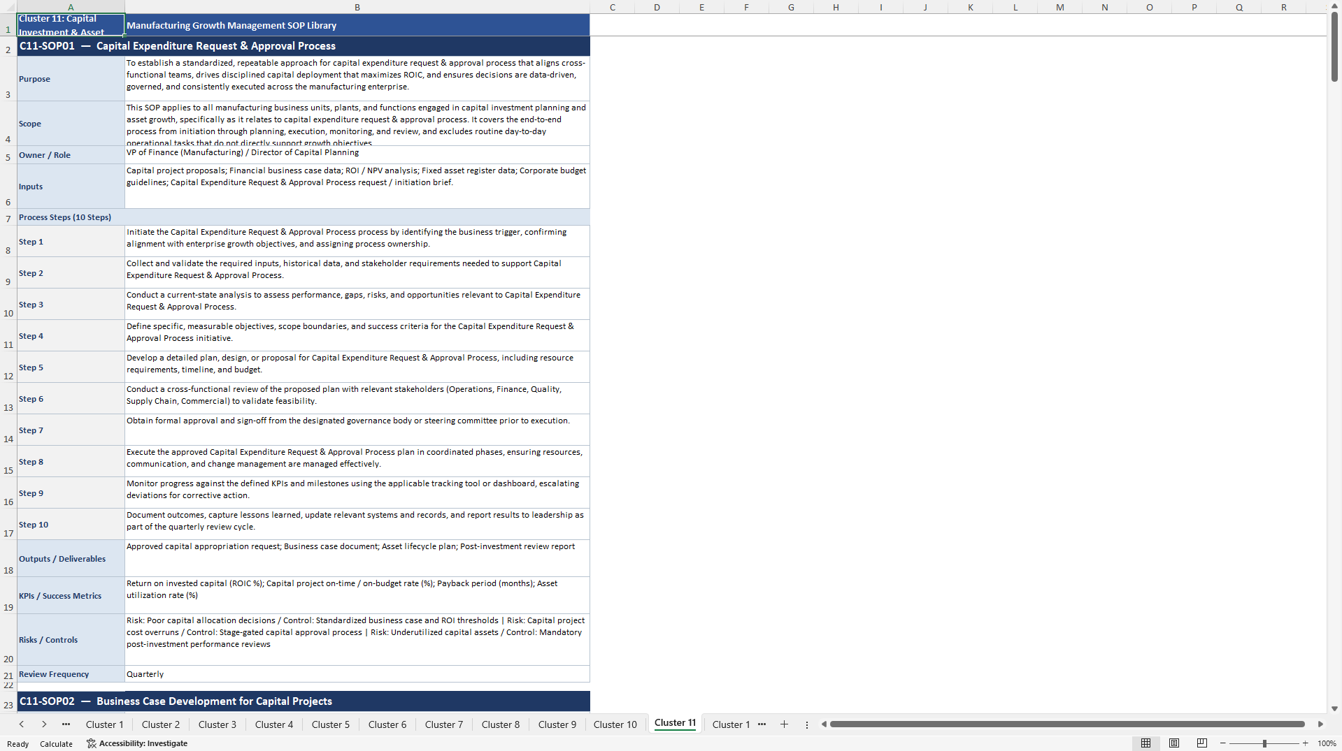 100+ Manufacturing Growth Management SOPs (Excel template (XLSX)) Preview Image