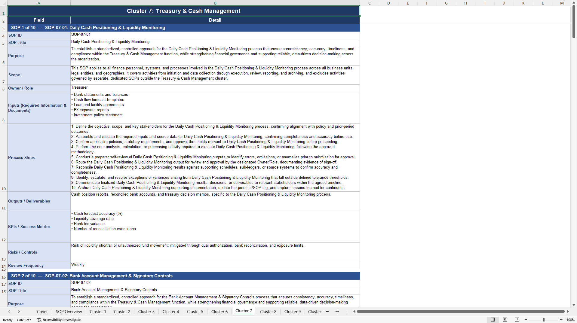 100+ Finance Excellence SOPs (Excel template (XLSX)) Preview Image