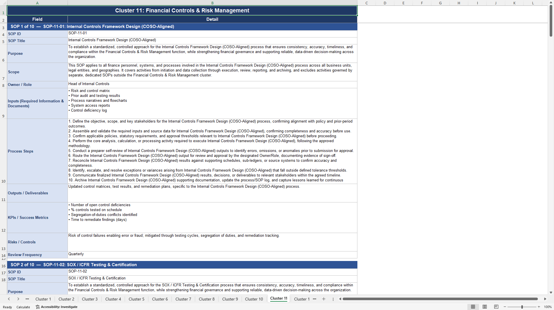 100+ Finance Excellence SOPs (Excel template (XLSX)) Preview Image