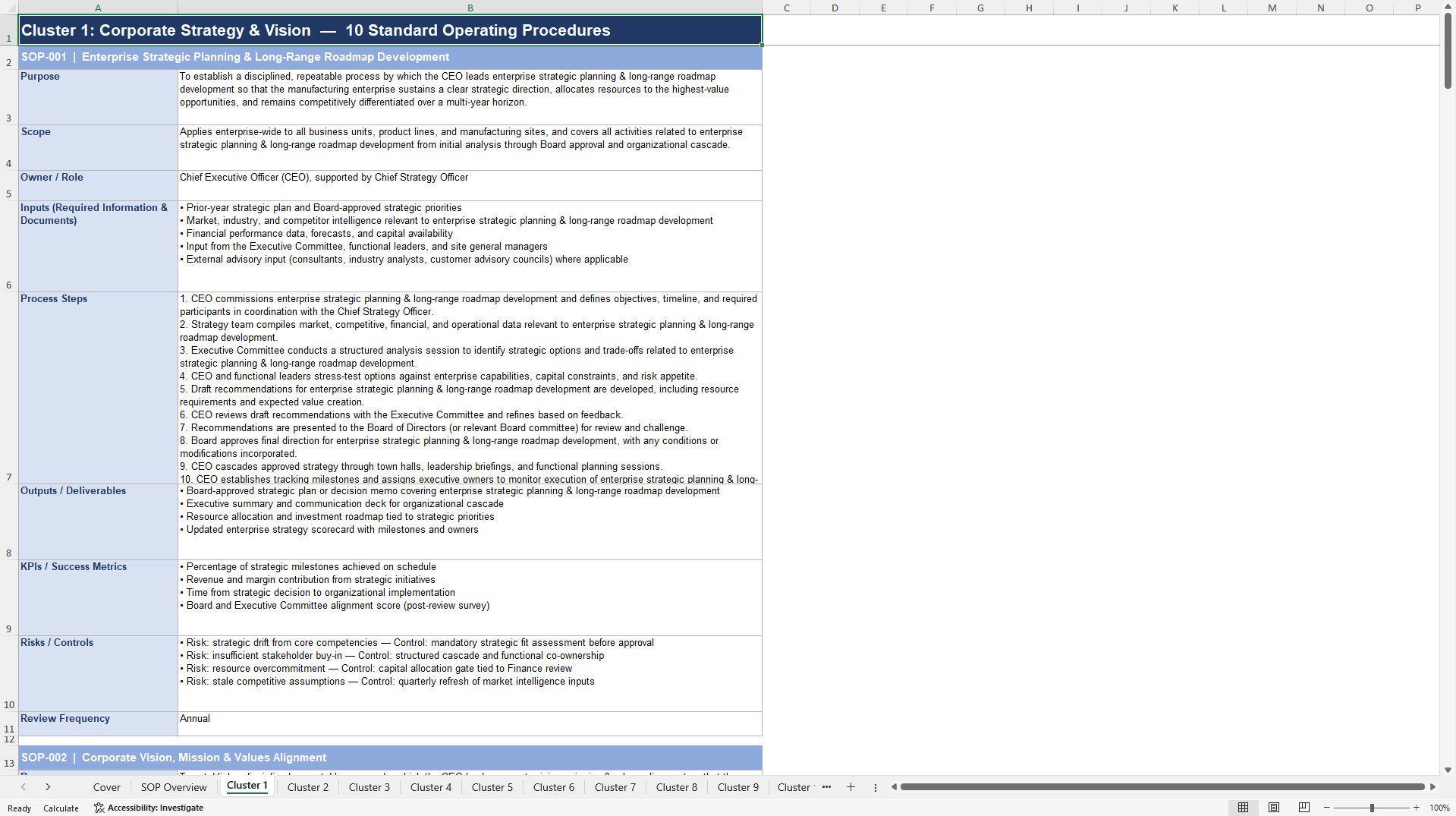 100+ Manufacturing CEO SOPs (Excel template (XLSX)) Preview Image