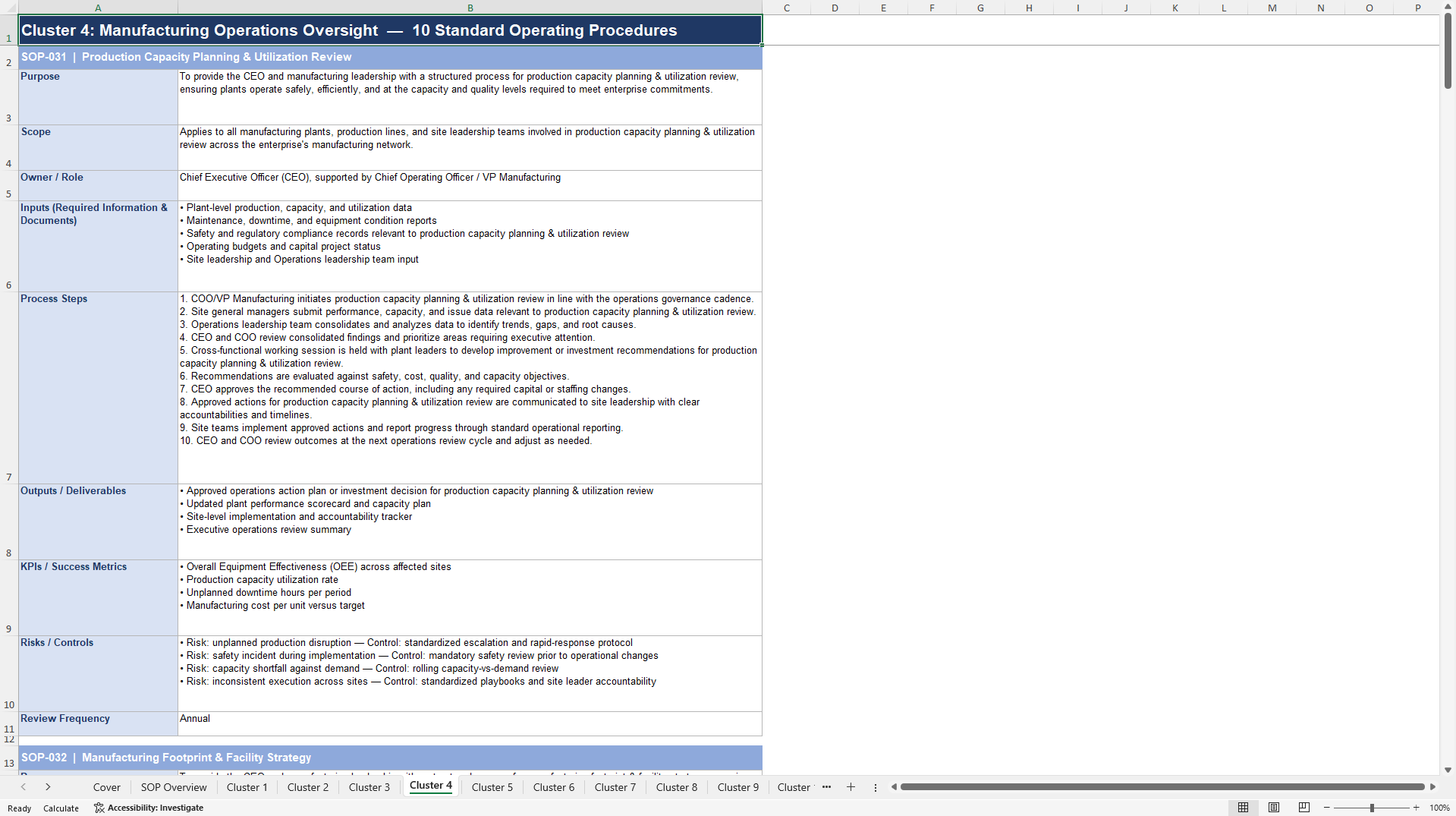 100+ Manufacturing CEO SOPs (Excel template (XLSX)) Preview Image