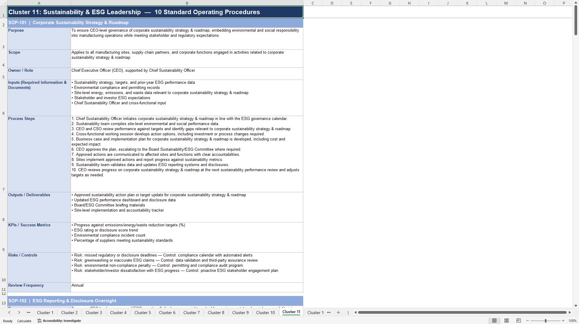 100+ Manufacturing CEO SOPs (Excel template (XLSX)) Preview Image
