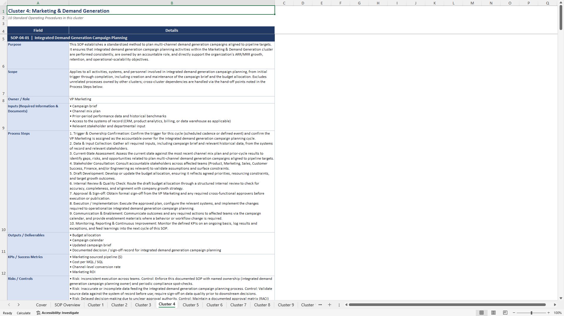 100+ SaaS Business Growth Management SOPs (Excel template (XLSX)) Preview Image