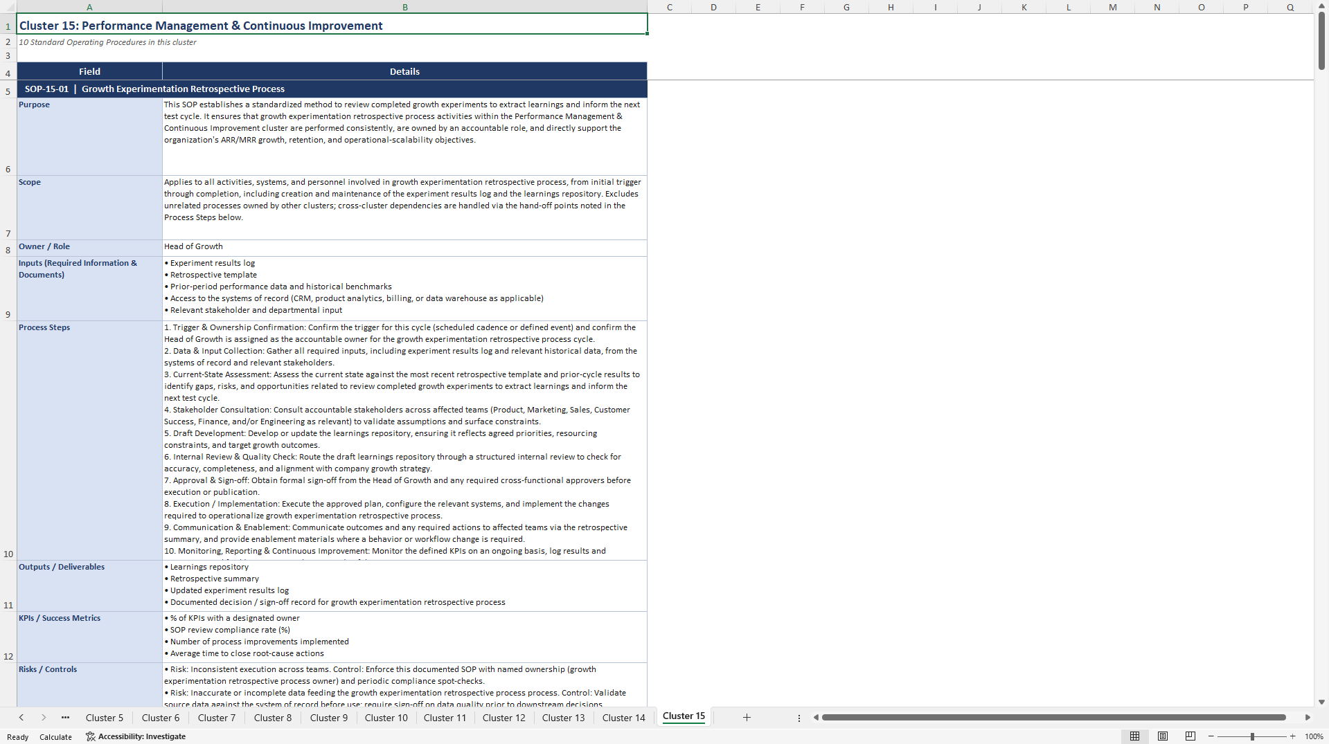 100+ SaaS Business Growth Management SOPs (Excel template (XLSX)) Preview Image