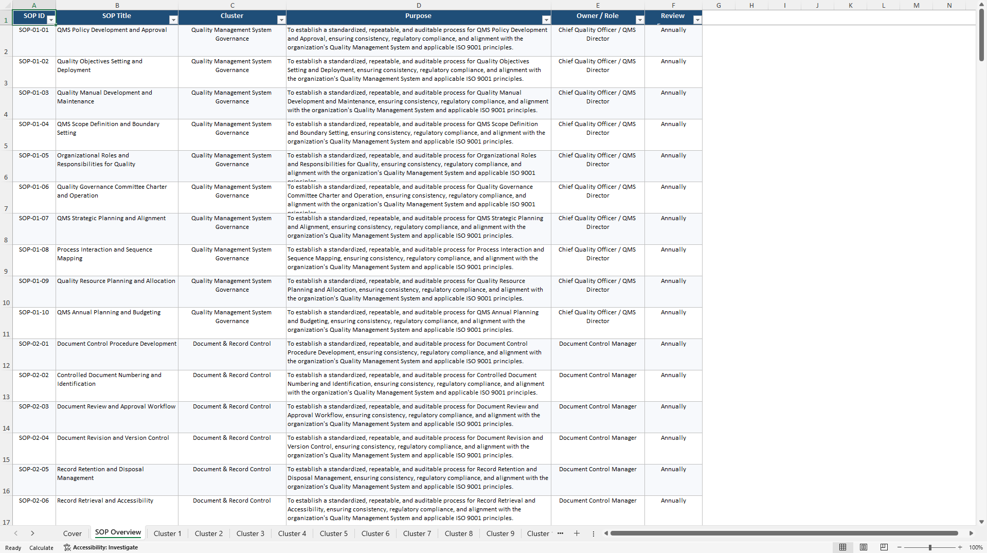 100+ Quality Management System SOPs (Excel template (XLSX)) Preview Image