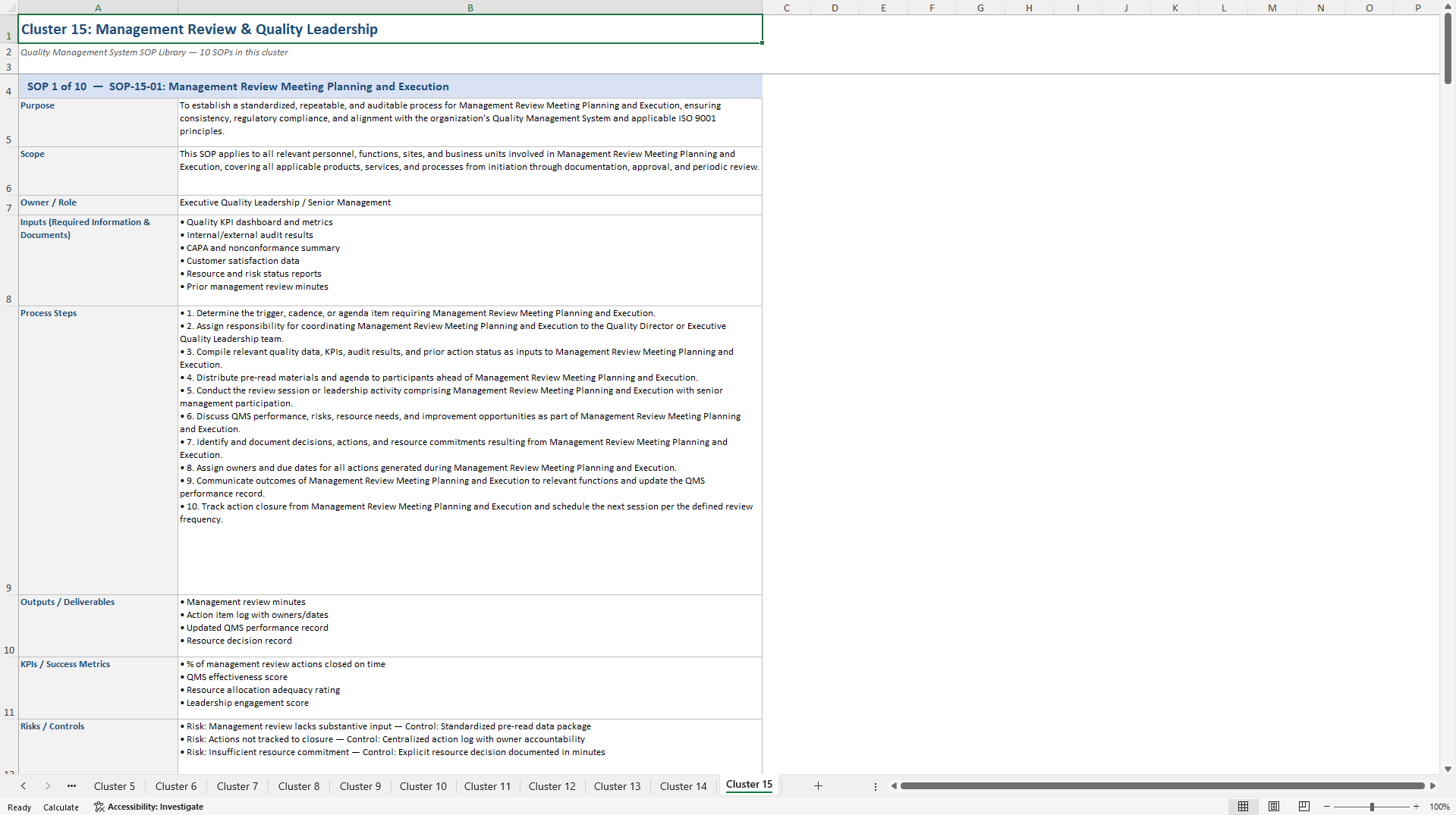 100+ Quality Management System SOPs (Excel template (XLSX)) Preview Image