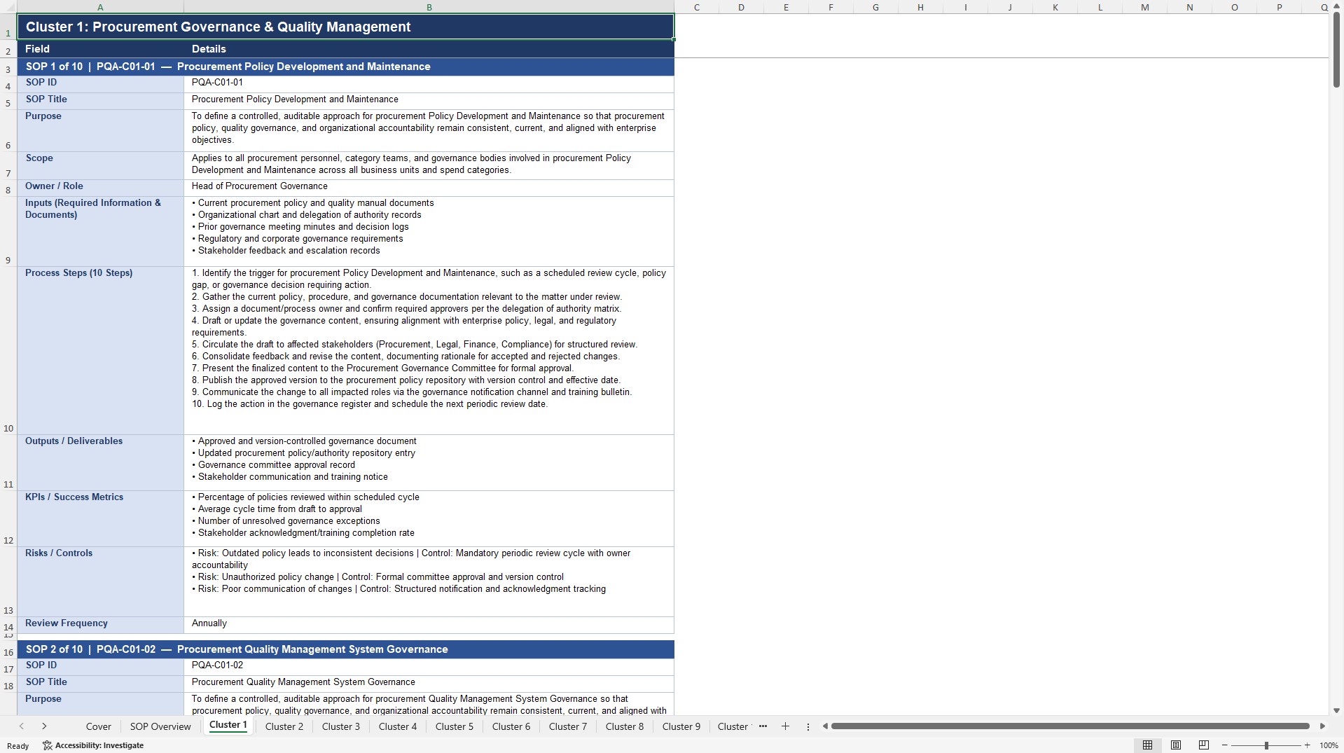100+ Procurement Quality Assurance SOPs (Excel template (XLSX)) Preview Image