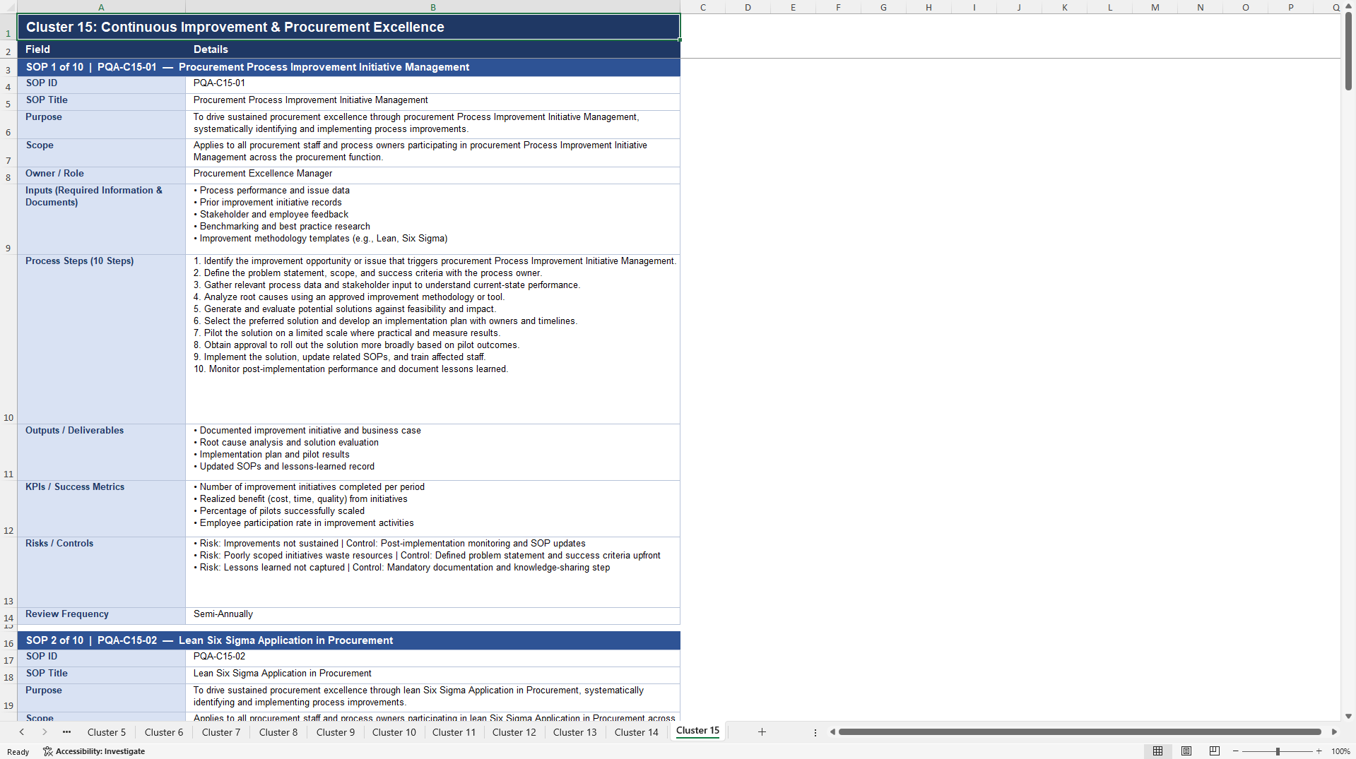 100+ Procurement Quality Assurance SOPs (Excel template (XLSX)) Preview Image