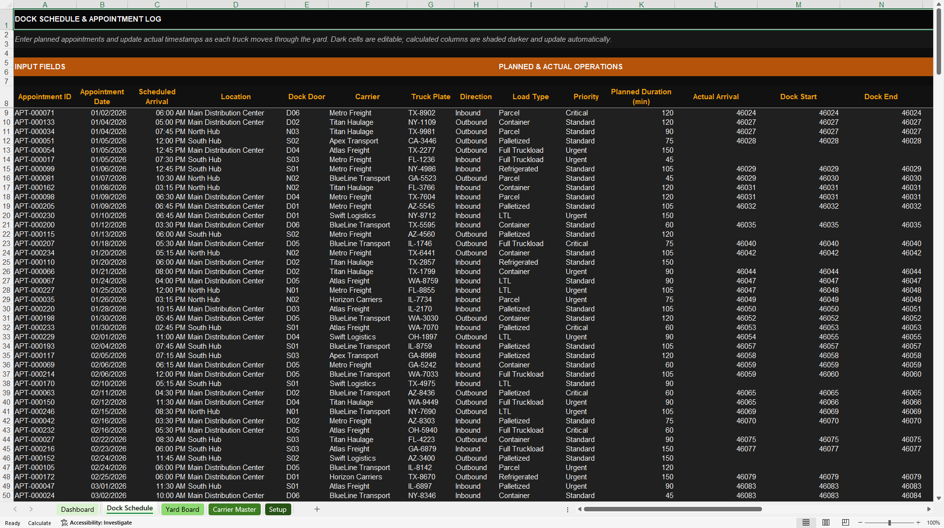 Dock Scheduling & Yard Management Dashboard (Excel template (XLSX)) Preview Image