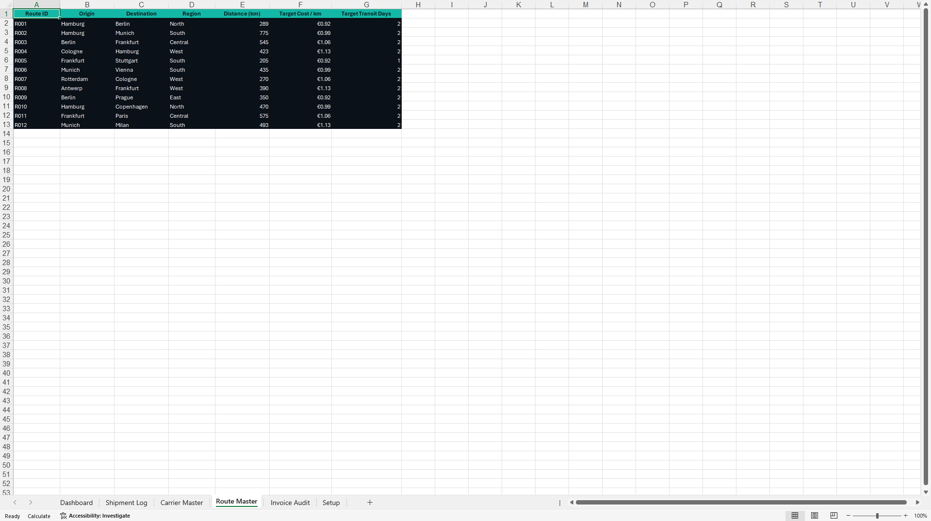 Freight Cost & Carrier Performance Dashboard (Excel template (XLSX)) Preview Image