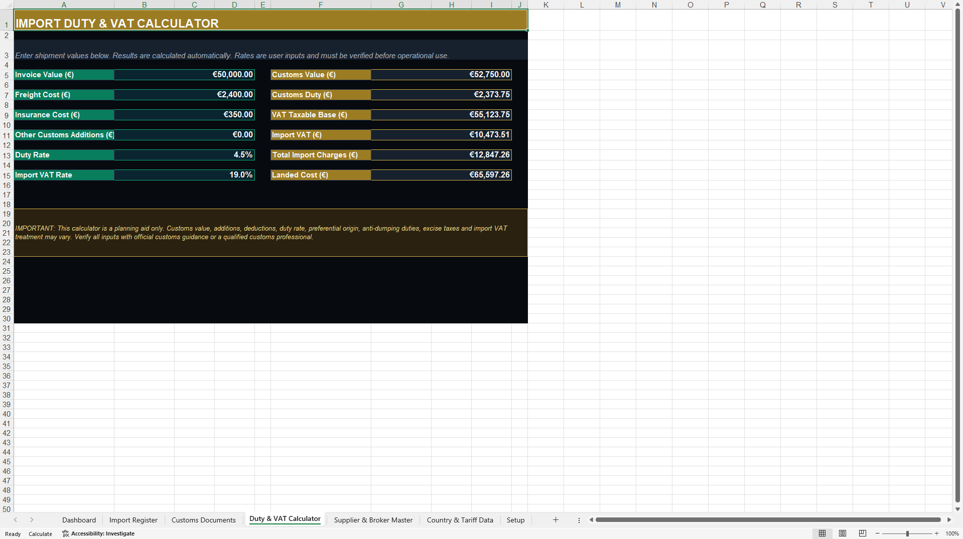 EU Customs & Import Compliance Dashboard (Excel template (XLSX)) Preview Image