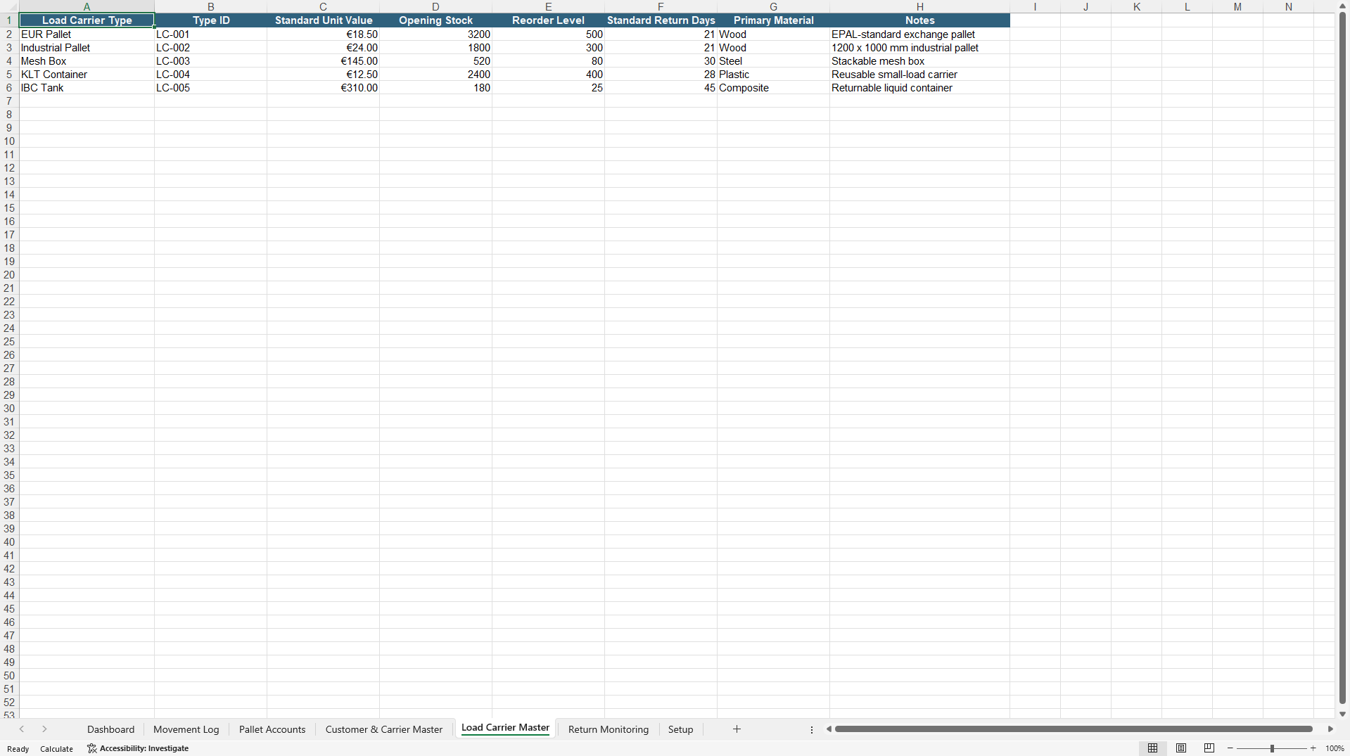 Pallet & Returnable Packaging Management Dashboard (Excel template (XLSX)) Preview Image