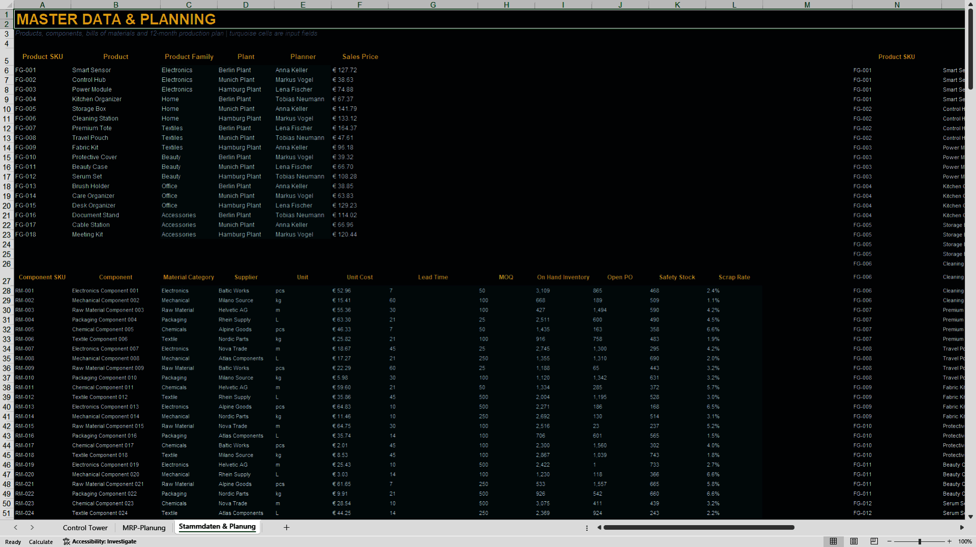 MRP & Bill of Materials (BOM) Planner Dashboard (Excel template (XLSX)) Preview Image