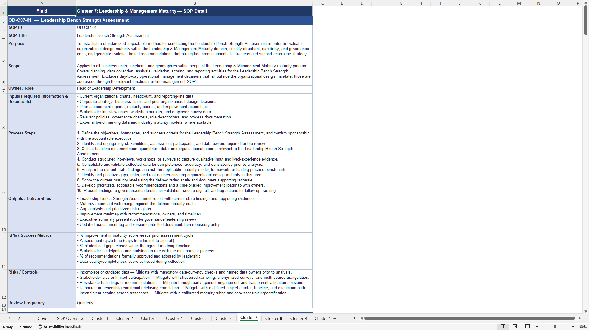100+ Organizational Design Maturity Assessment SOPs (Excel template (XLSX)) Preview Image