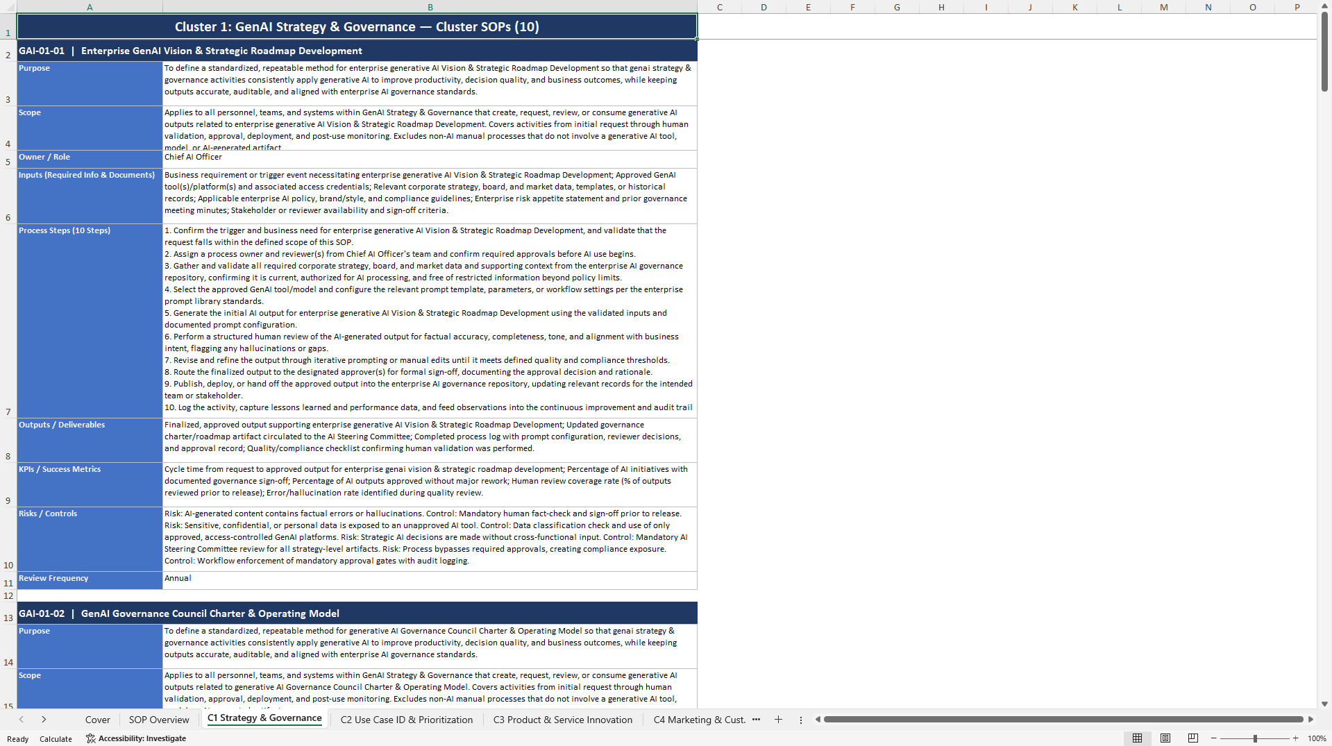 100+ GenAI Deployment across the Value Chain SOPs (Excel template (XLSX)) Preview Image