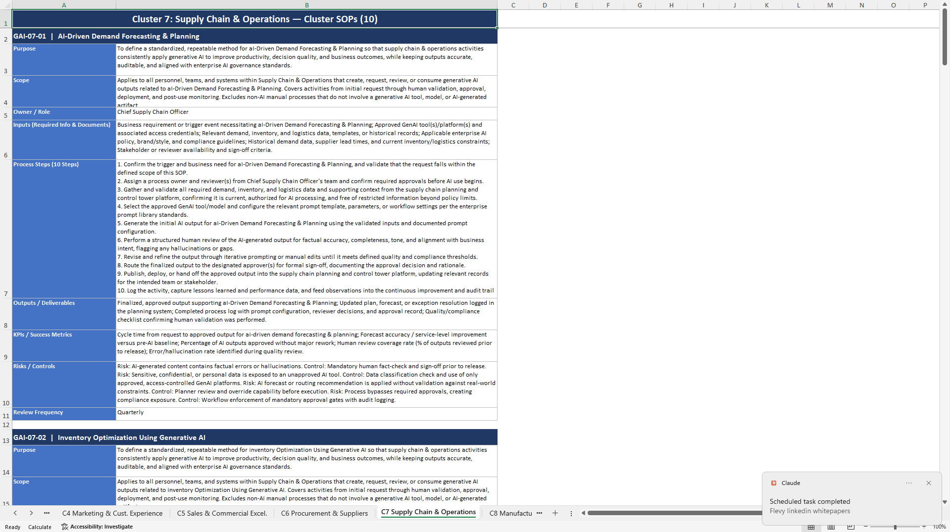 100+ GenAI Deployment across the Value Chain SOPs (Excel template (XLSX)) Preview Image