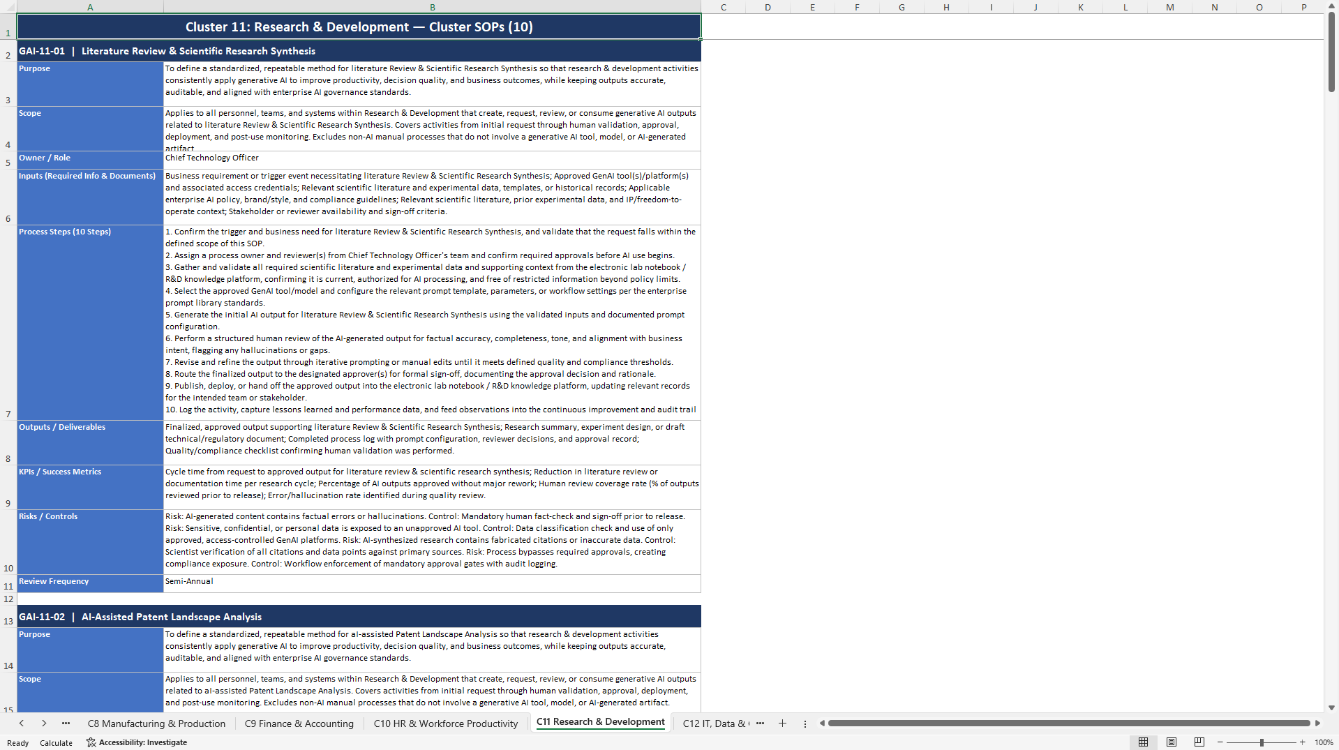 100+ GenAI Deployment across the Value Chain SOPs (Excel template (XLSX)) Preview Image