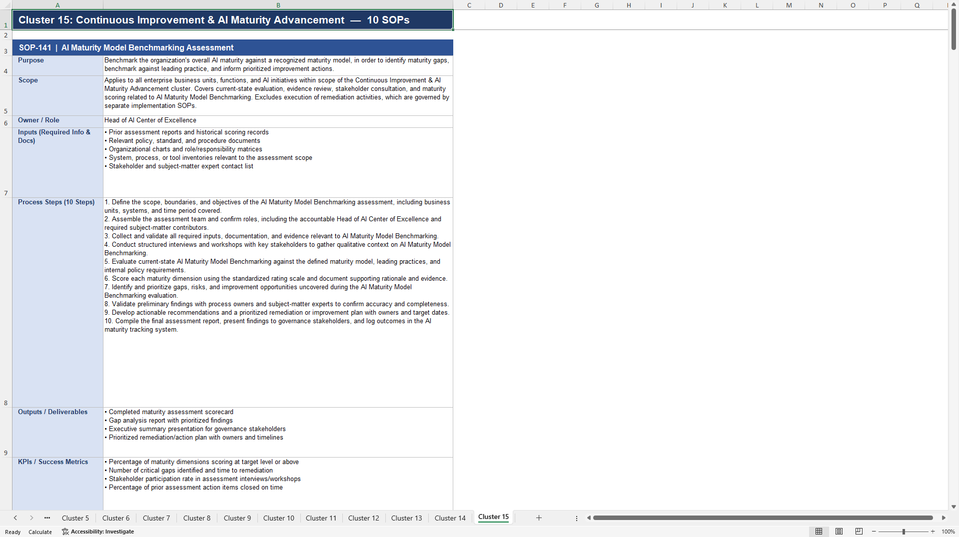 100+ AI Maturity Assessment SOPs (Excel template (XLSX)) Preview Image