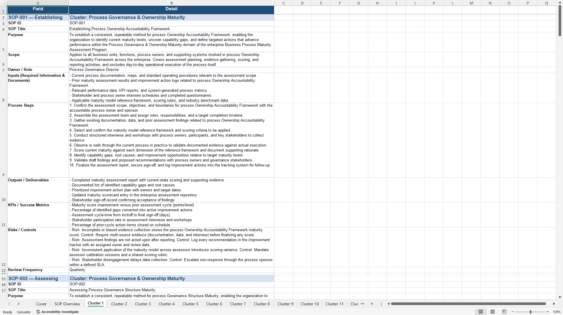 100+ Business Process Maturity Assessment SOPs (Excel template (XLSX)) Preview Image