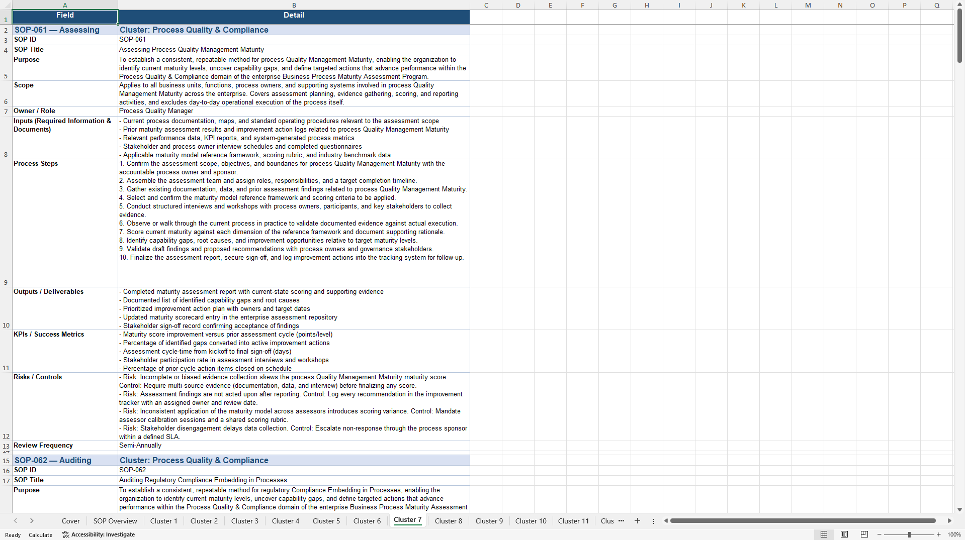 100+ Business Process Maturity Assessment SOPs (Excel template (XLSX)) Preview Image