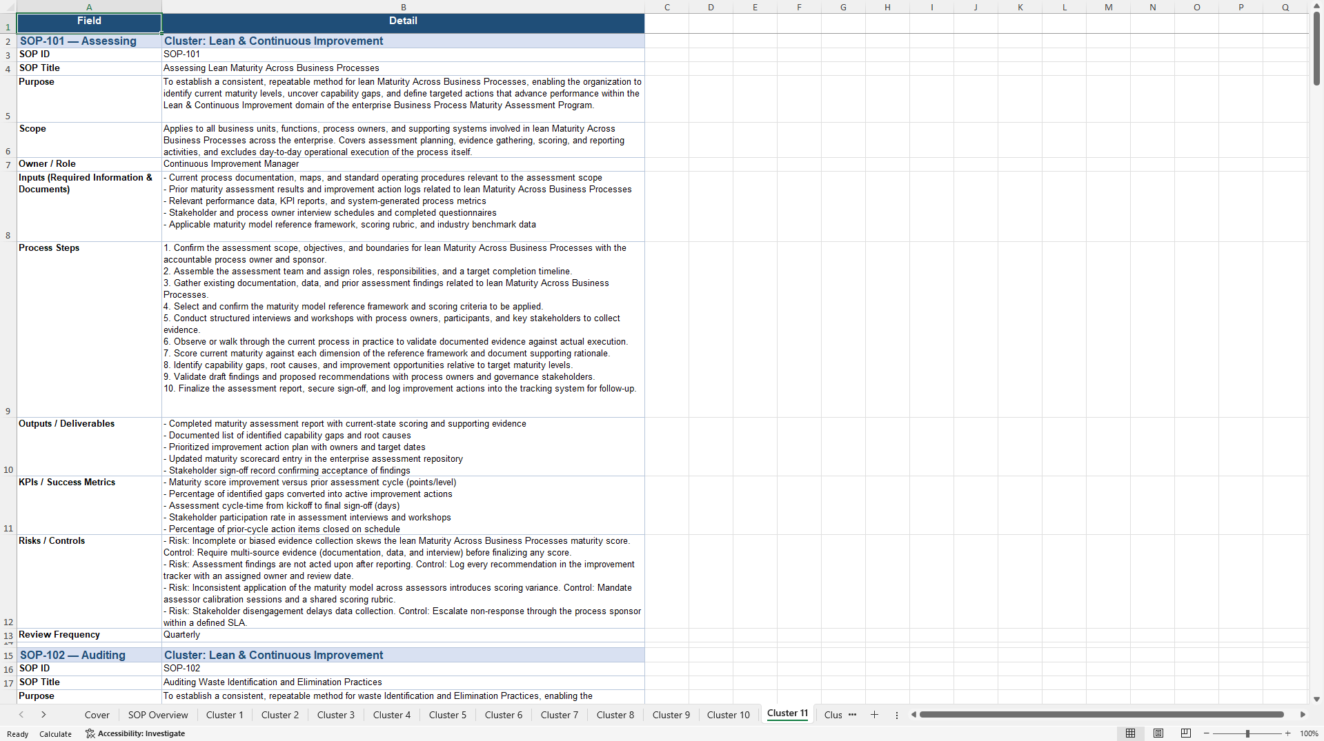 100+ Business Process Maturity Assessment SOPs (Excel template (XLSX)) Preview Image