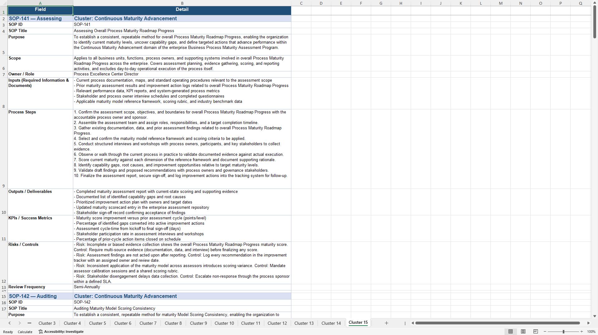 100+ Business Process Maturity Assessment SOPs (Excel template (XLSX)) Preview Image