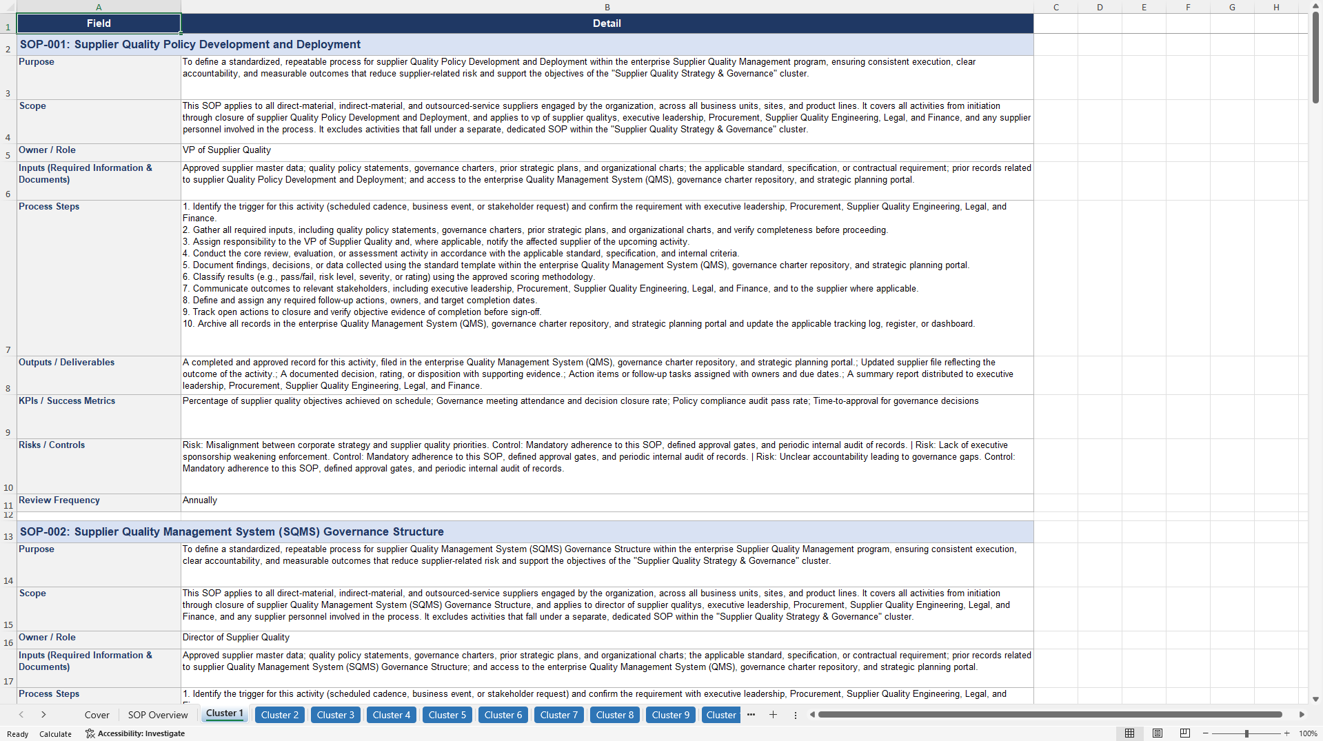 100+ Supplier Quality Management SOPs (Excel template (XLSX)) Preview Image