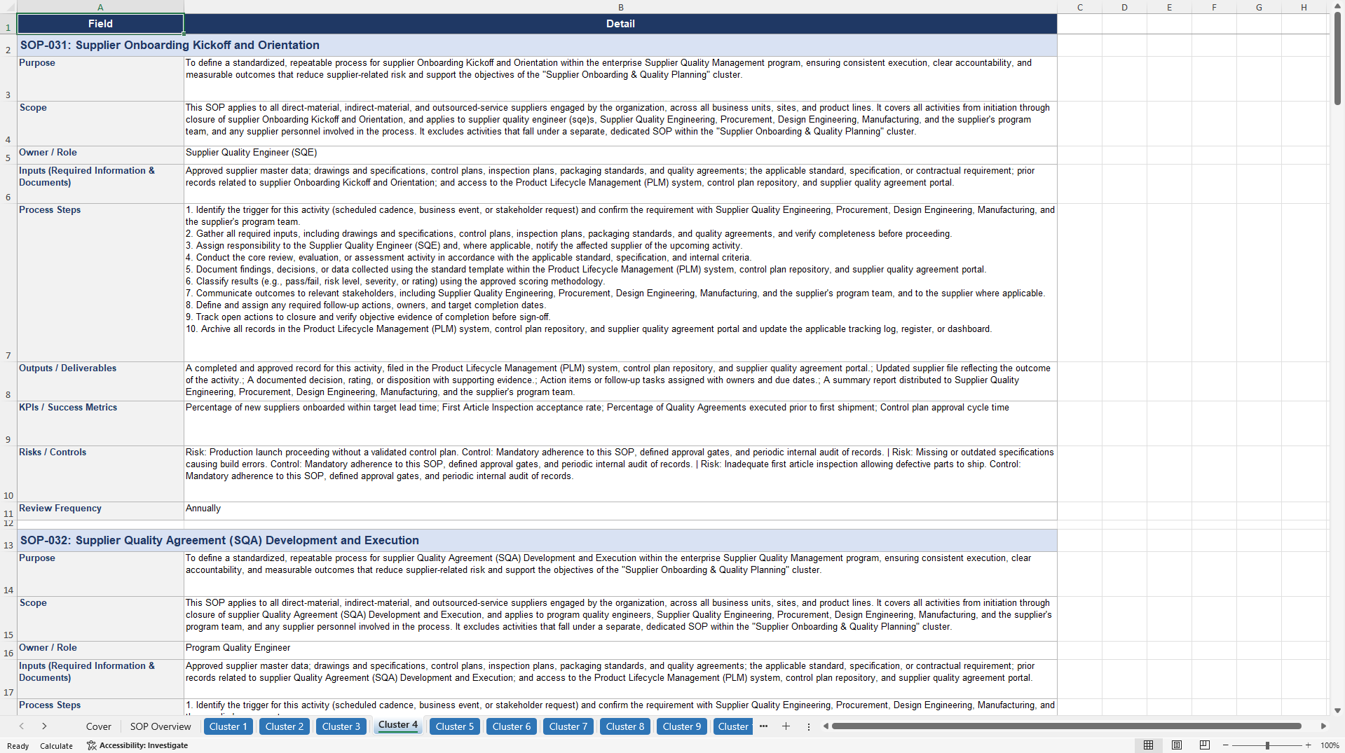 100+ Supplier Quality Management SOPs (Excel template (XLSX)) Preview Image