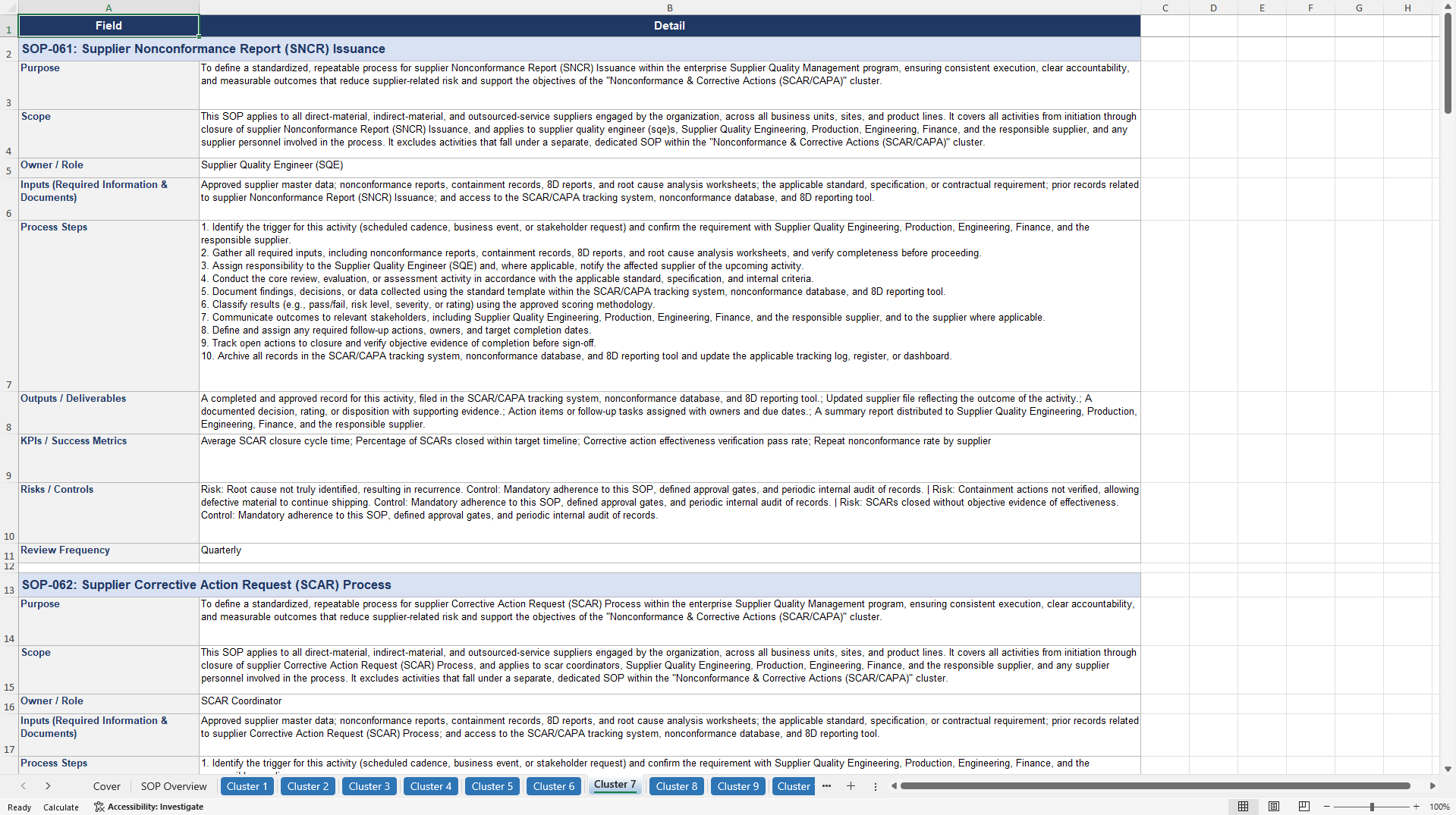 100+ Supplier Quality Management SOPs (Excel template (XLSX)) Preview Image