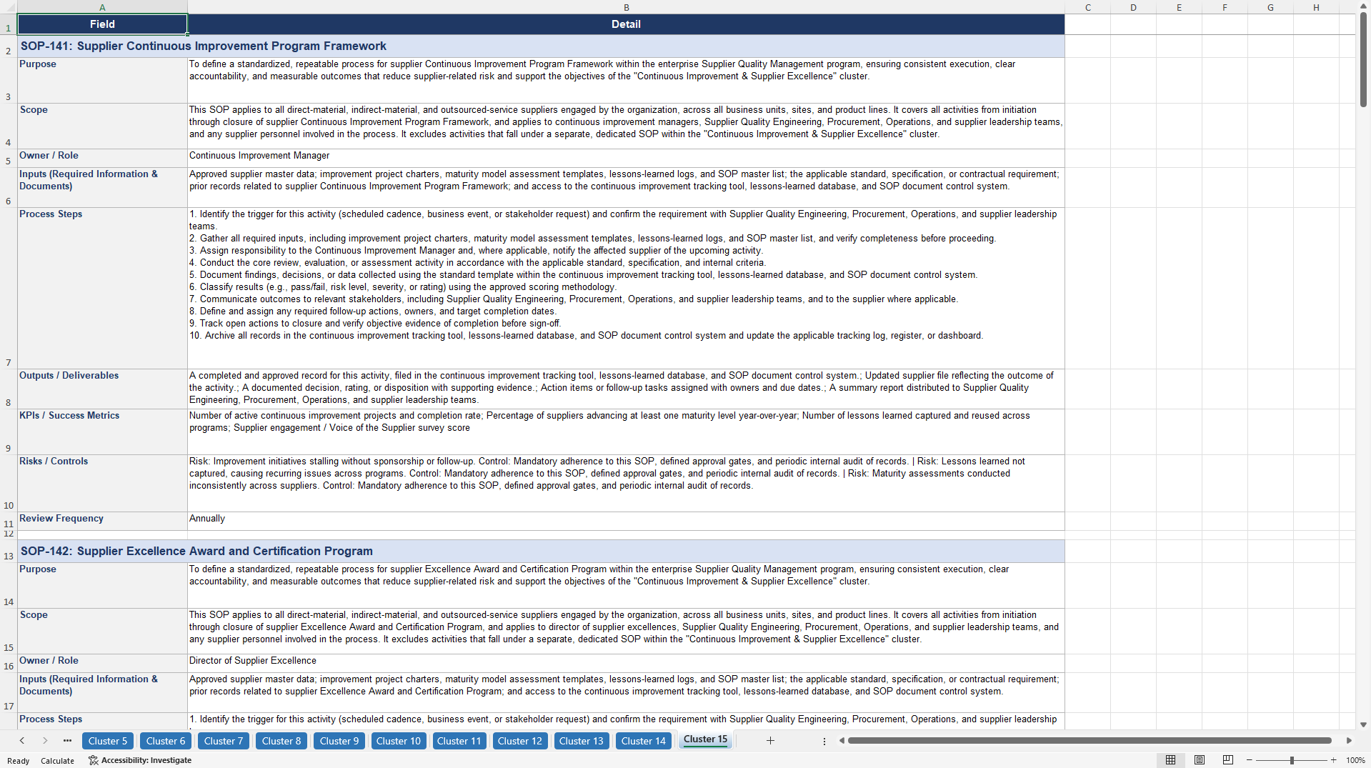 100+ Supplier Quality Management SOPs (Excel template (XLSX)) Preview Image