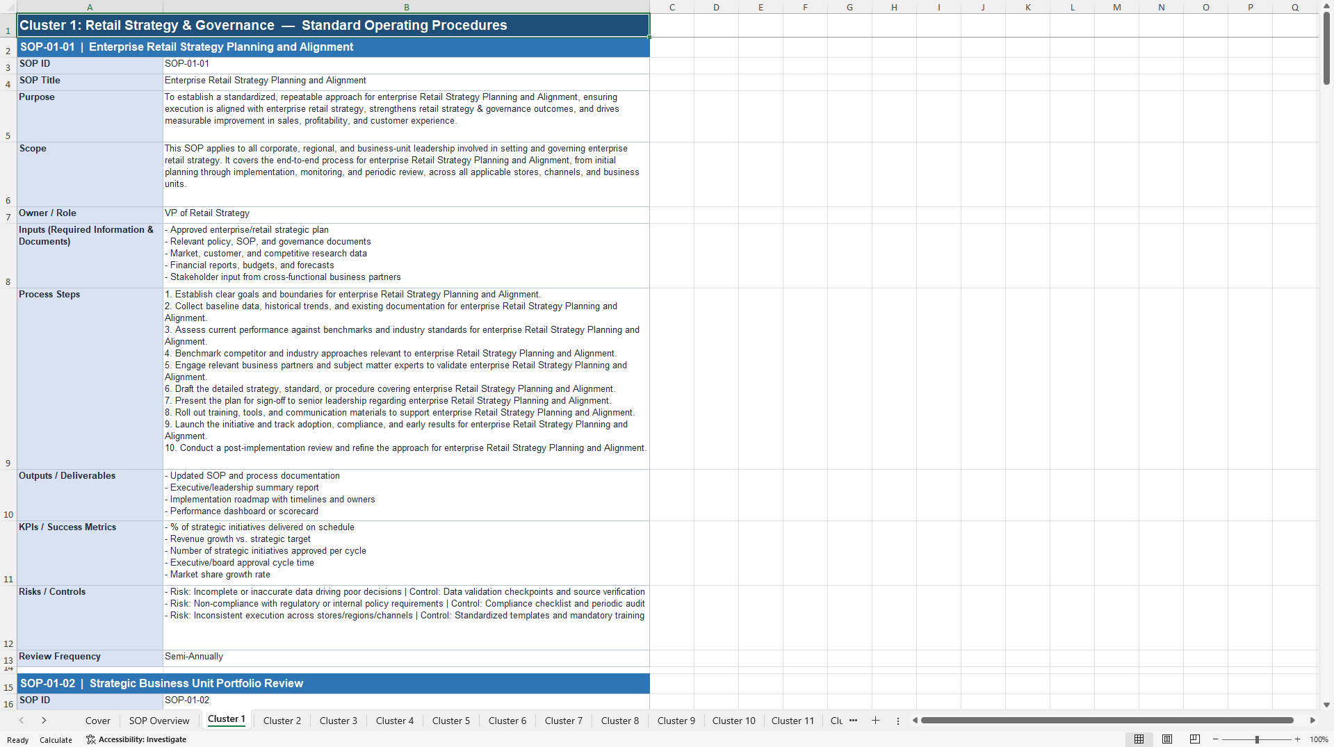 100+ Retail Strategy SOPs (Excel template (XLSX)) Preview Image