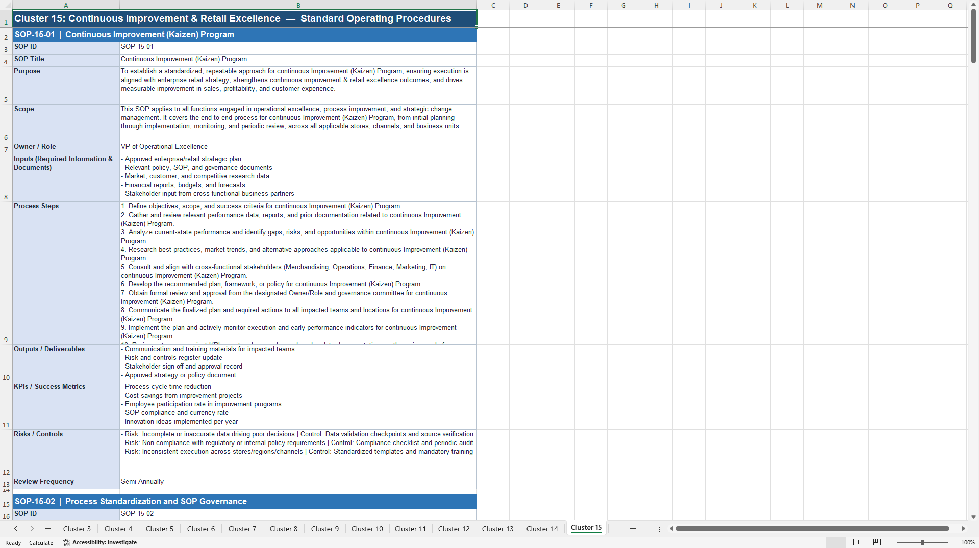 100+ Retail Strategy SOPs (Excel template (XLSX)) Preview Image