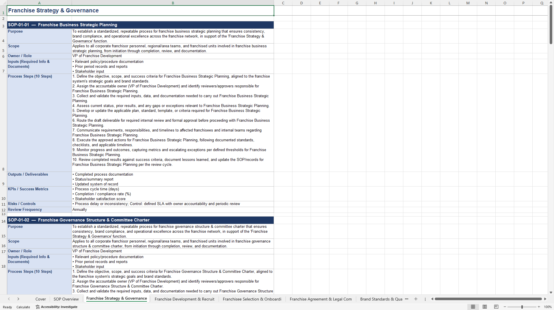 100+ Franchisor Business SOPs (Excel template (XLSX)) Preview Image