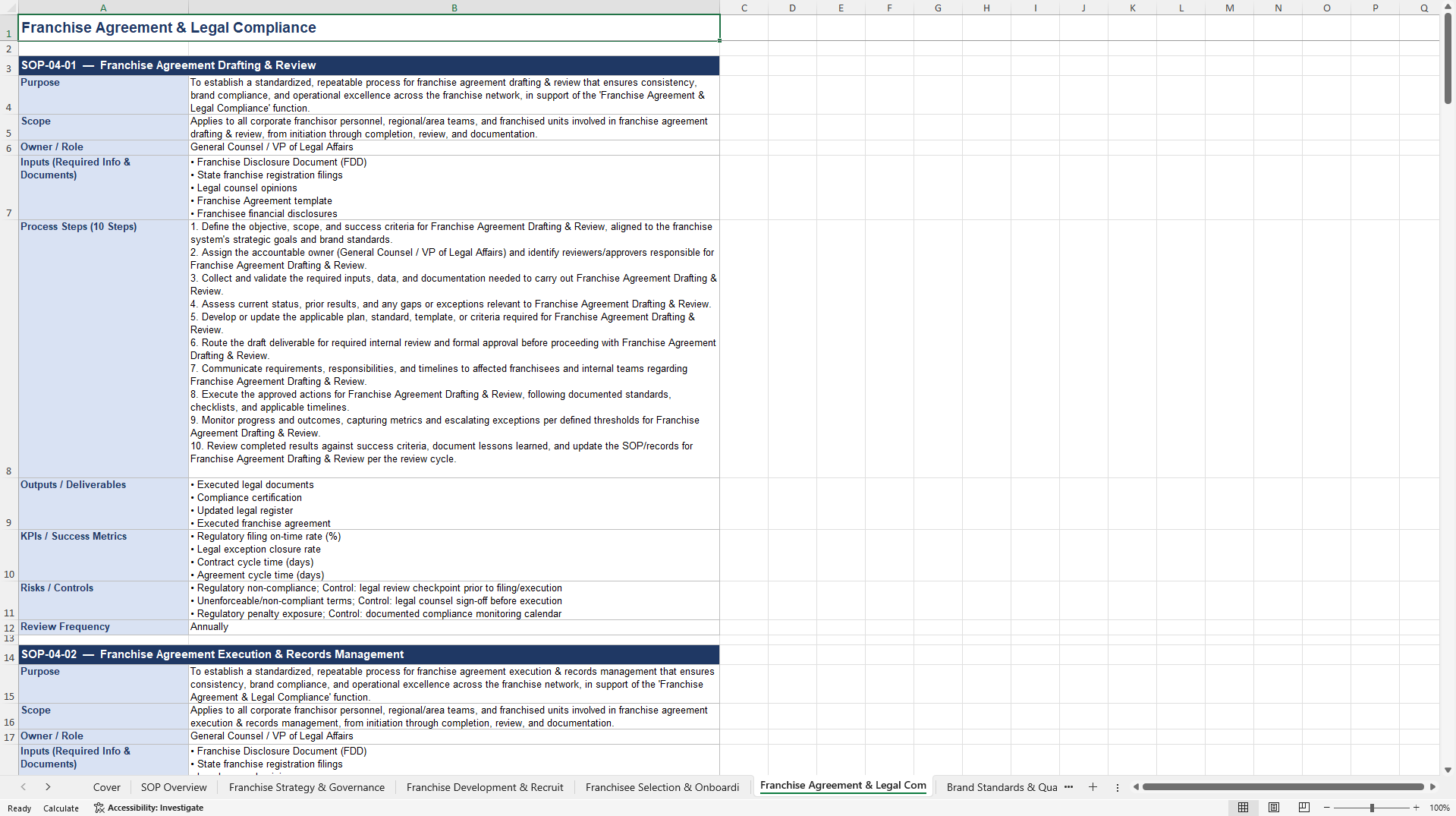 100+ Franchisor Business SOPs (Excel template (XLSX)) Preview Image