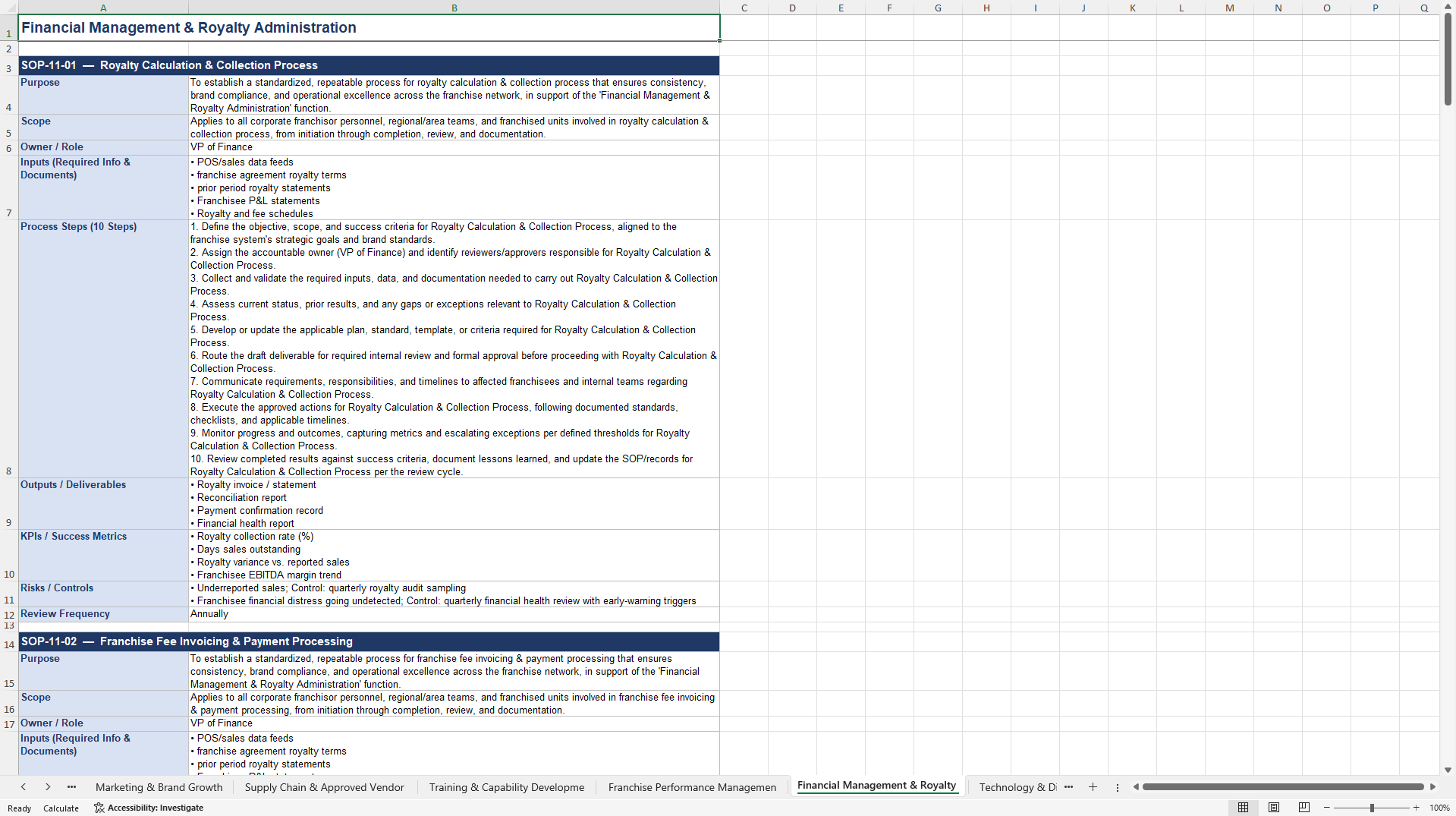 100+ Franchisor Business SOPs (Excel template (XLSX)) Preview Image