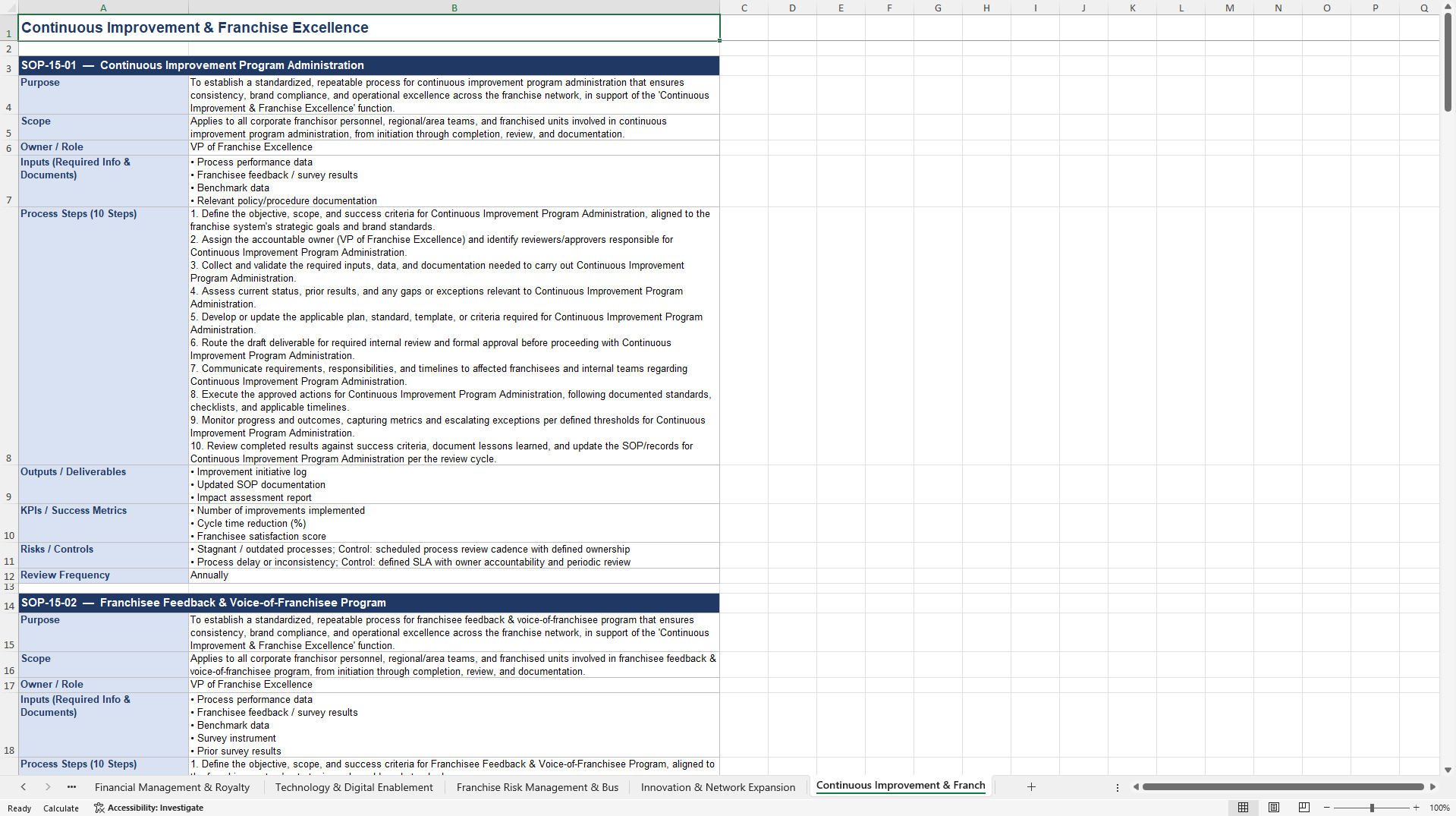 100+ Franchisor Business SOPs (Excel template (XLSX)) Preview Image