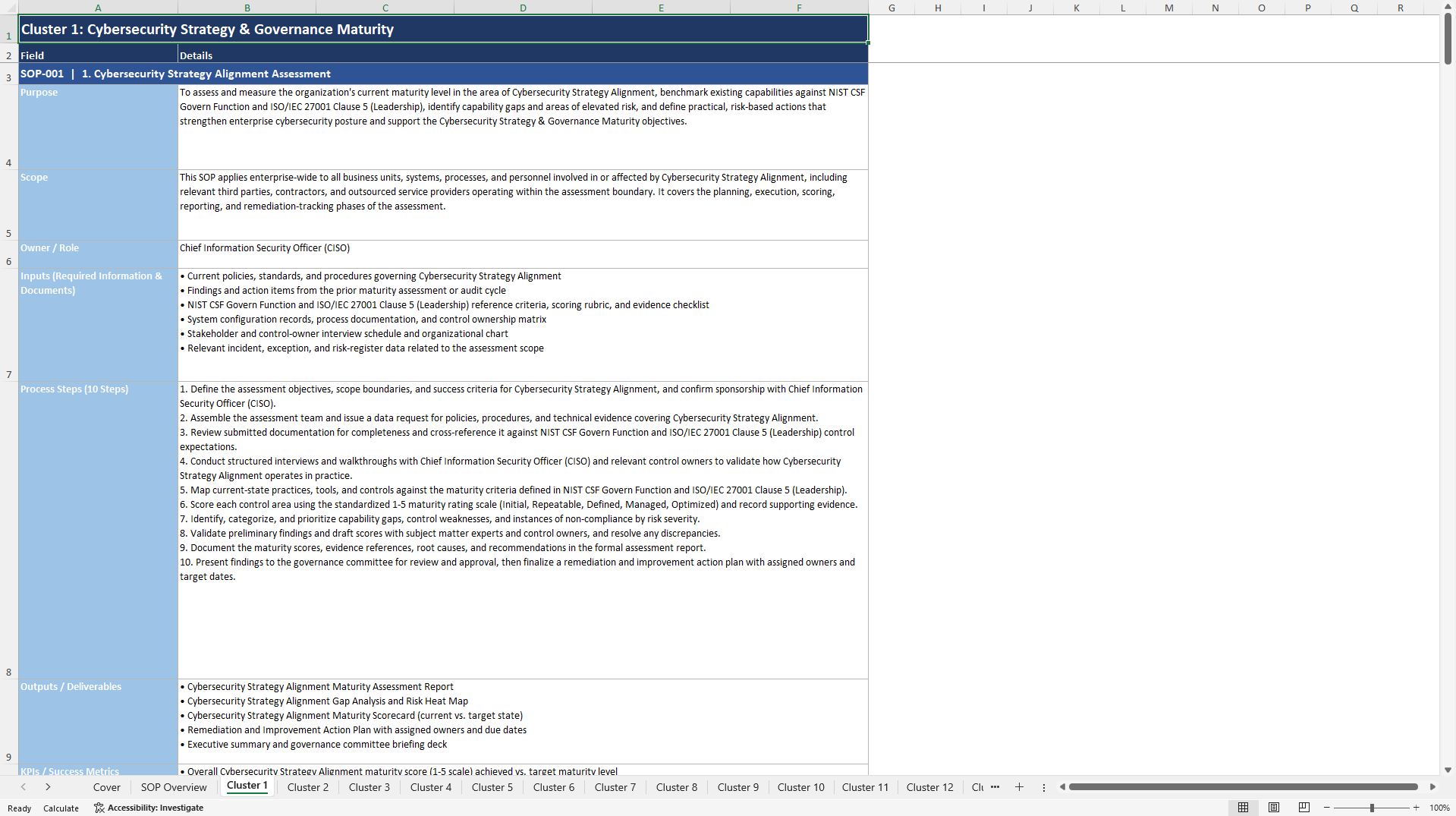100+ Cyber Security Maturity Assessment SOPs (Excel template (XLSX)) Preview Image